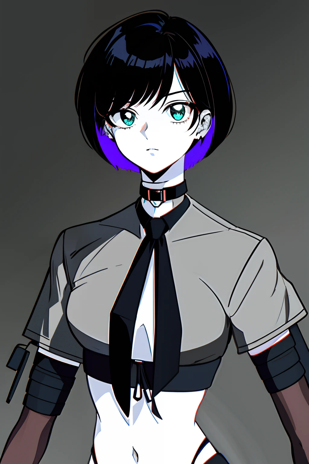 a 1girl, body complet, very detail, a lot of details, (ciberpunk), very extremely beautiful, ((tmasterpiece, minimalism)), (Short Hair Hair), tie, Shirt, Dark Colors