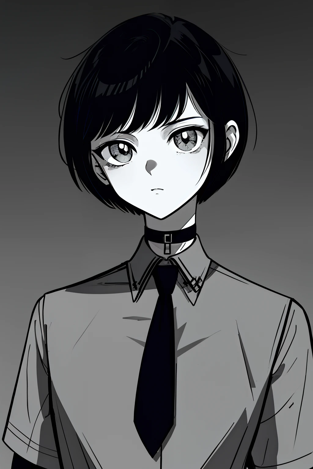 a 1girl, body complet, very detail, a lot of details, (ciberpunk), very extremely beautiful,  ((tmasterpiece, minimalism)), (Short Hair Hair), tie, Shirt, Dark Colors