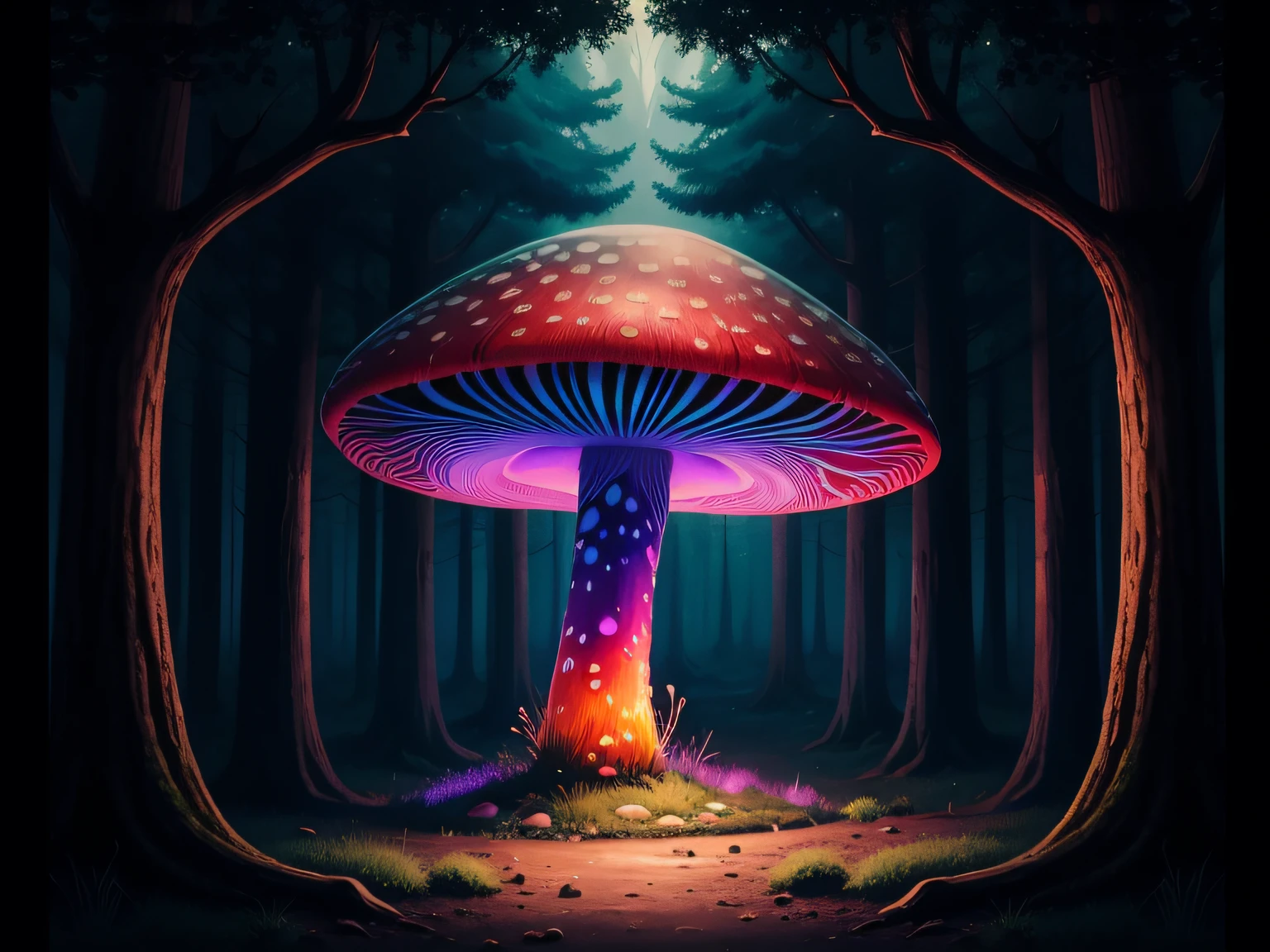 a painting of a psychedelic mushroom in a dark forest