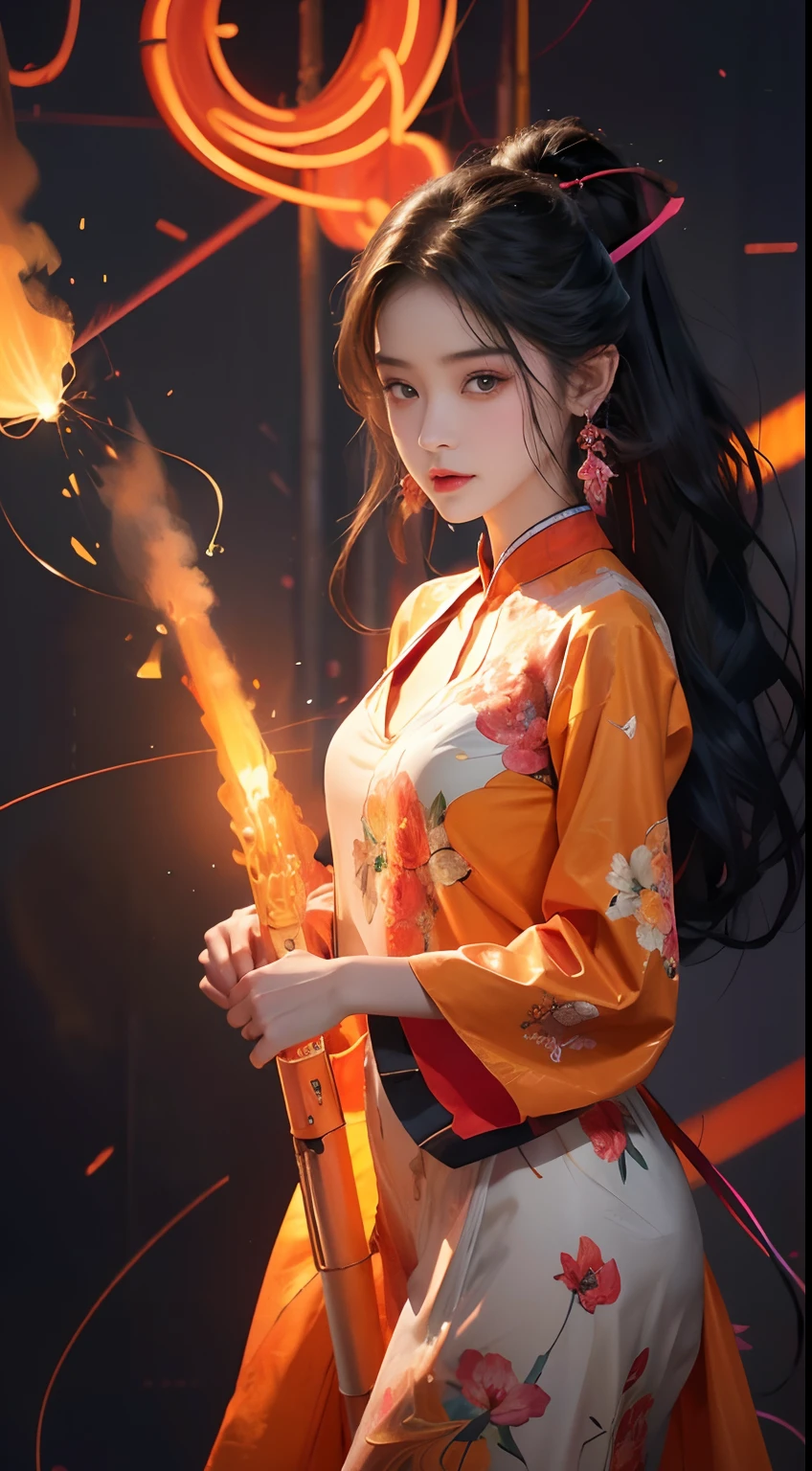 Masterpiece, Top quality, Best quality, Neon official art, Beautiful and aesthetic:1.2), Beautiful Chinese woman Bailu(1girll:1.3), Extremely detailed,(Fractal art:1.1 neon sign ),(Colorful:1.1 neon sign)(Flowers:1.3 Neon ),highest details,(Zen neon:1.2), (Dynamic pose), (Abstract neon sign on background:1.3), (Shiny skin), (many color:1.4 Neon )Full-HD, ,(Earrings), (feater:1.5) , (flamethrower:1.3),Neon sign on neon red background ,Phoenix dress neon,neonlight,Full-HD