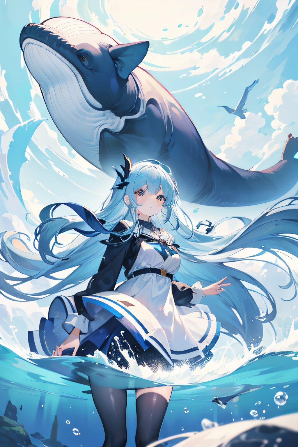 Generate an illustration in an illustrative style depicting a young girl witnessing a colossal blue whale in a serene lake. The scene should capture the sense of awe and wonder in the girl's expression as she gazes at the majestic creature. The lake's surroundings should be tranquil, with gentle ripples in the water and lush greenery reflecting in the surface. The enormous blue whale should rise gracefully from the depths, its massive form creating a juxtaposition against the peaceful lake. The illustration should convey a magical moment of discovery and imagination, as the girl and the immense whale share a connection that transcends the ordinary.