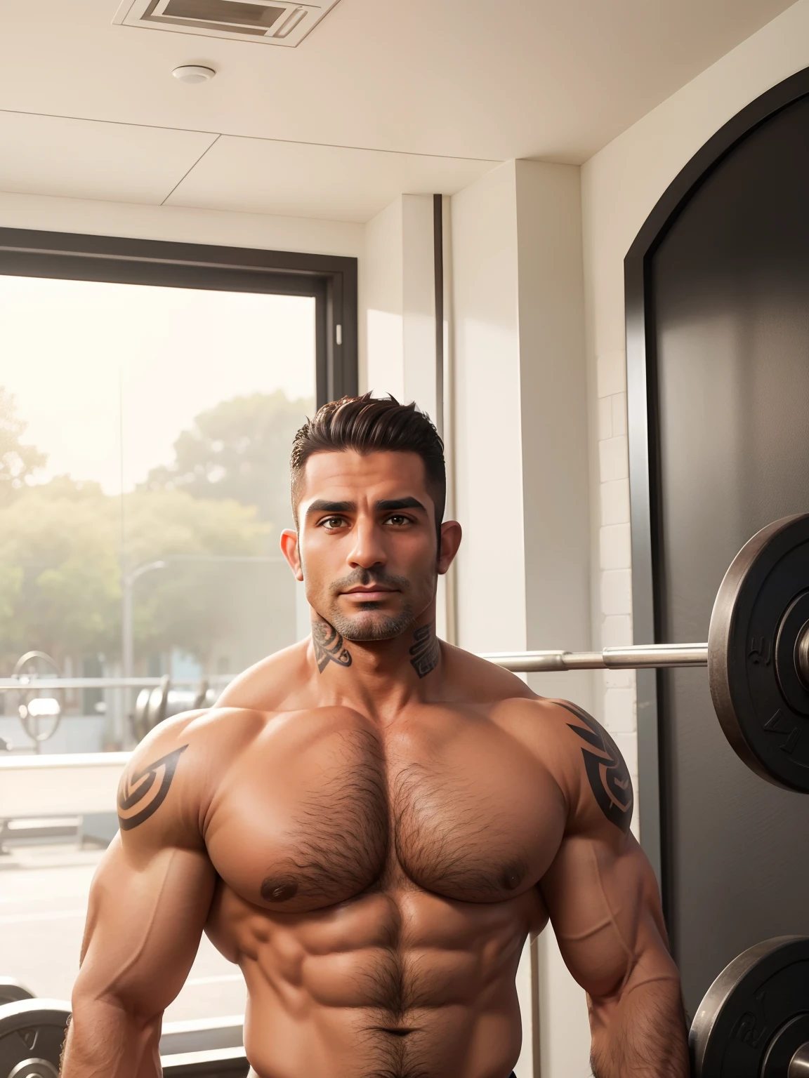 One man, Lebanese dad, bodybuilder,tan skin,dark hair,hair gelled back,muscular,huge pecs, tattooed pectorals, hairy arms,40 years old, gym ,Dark Brown Eyes.