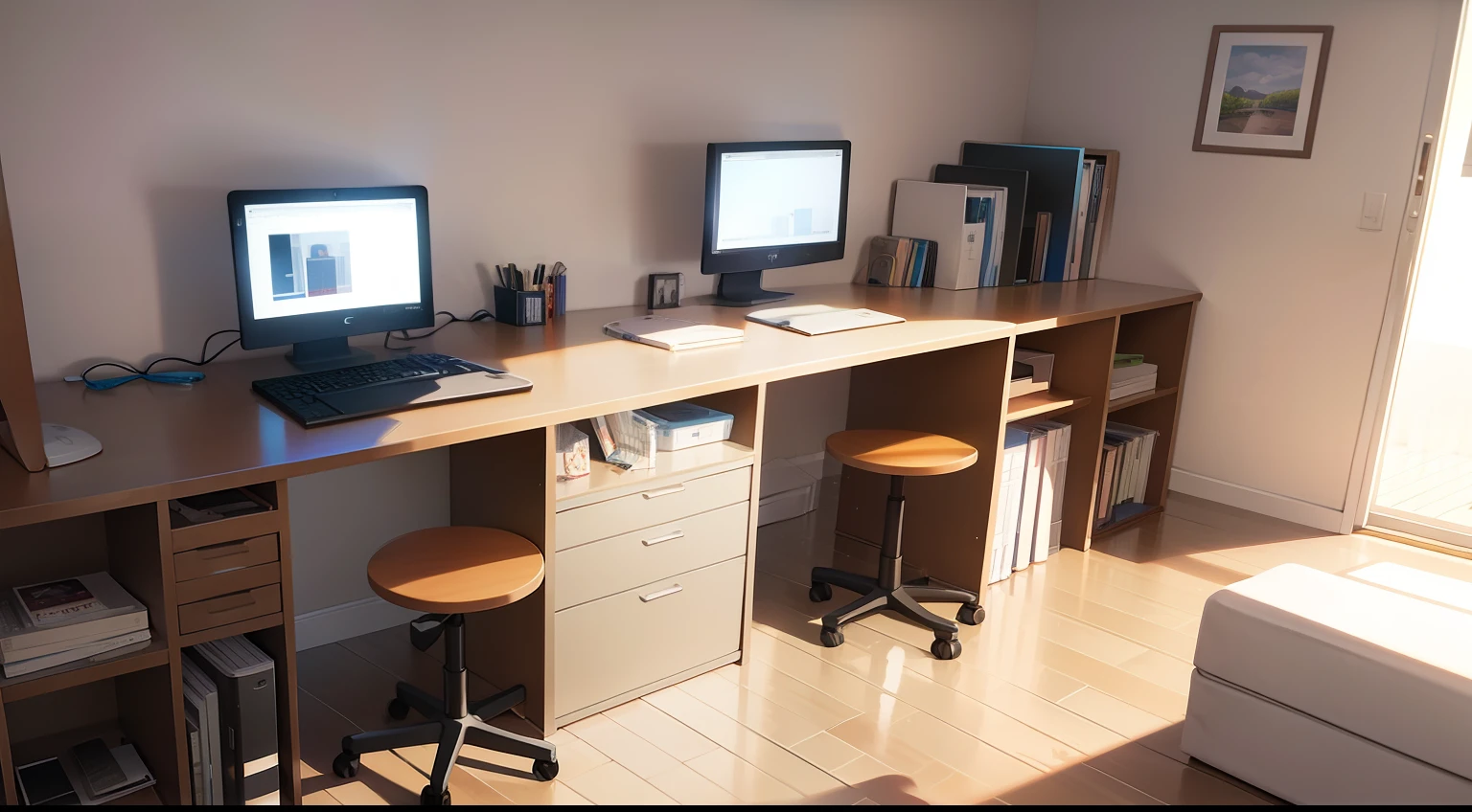 Draw a scene from an American youth study,Have a desk,a chair,book case,There are computers and printers on the table。