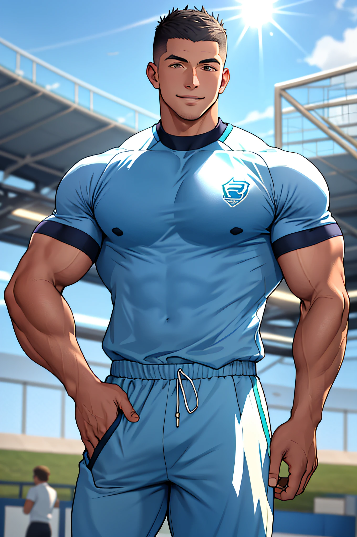 Draw a full-fledged athlete，Stand on the central field of the gym，He wears high-end sportswear，The man looks confident and determined，rays of sunshine，cheerful big breasts，Handsome，Crew cut，full bodyesbian，shooting from below，