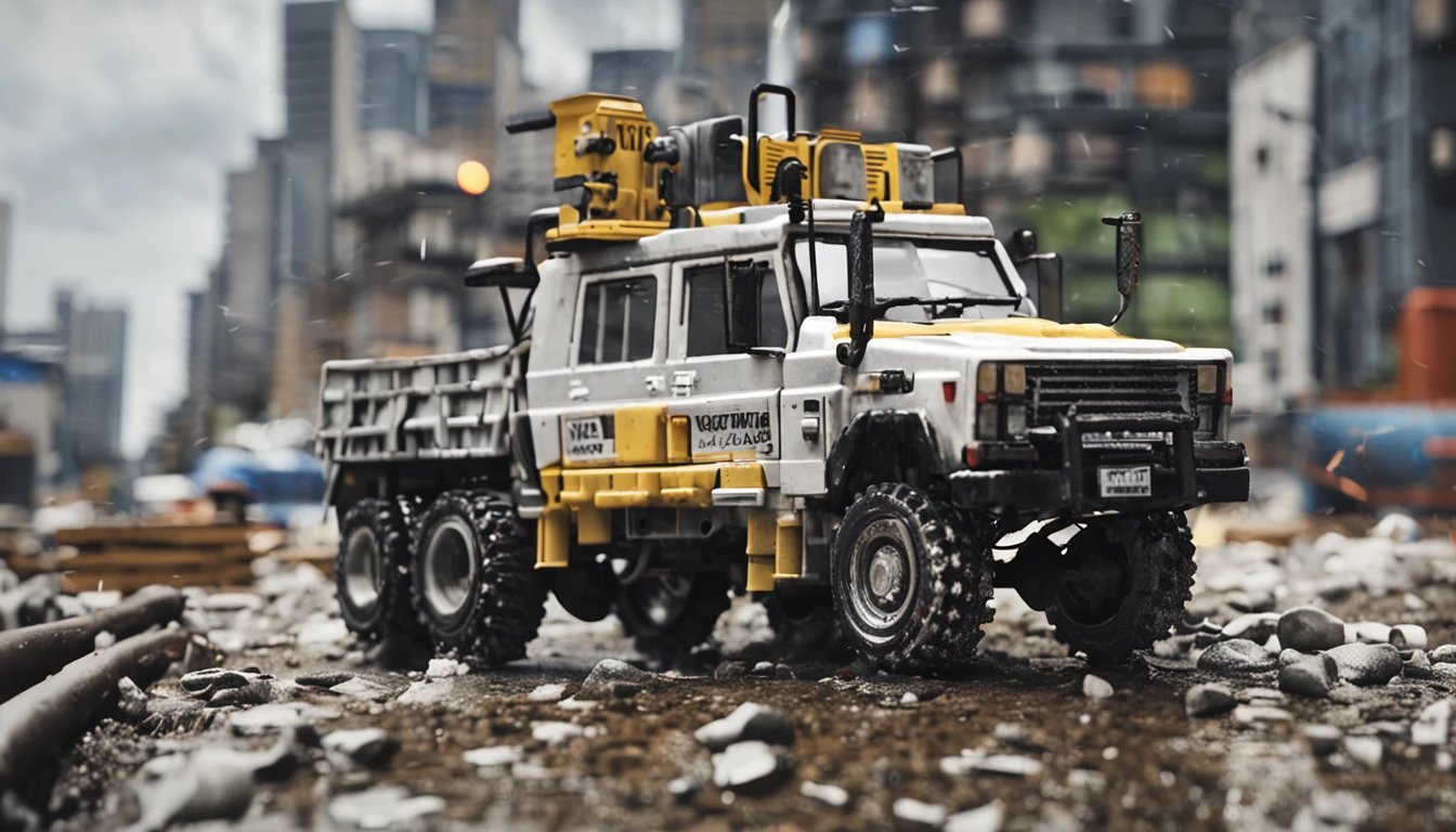 A middle-aged American man,Man,White top,Denim cargo pants,Black rain boots, Very professional water spray,Clean yellow cement truck,夏天,Blue sky,Construction site scene,ultra-realistic image,Miniature scenes,centered composition,Elevation viewing angle,ultra-realistic image,Real-world scenarios,8K分辨率,Meticulous and minimalist environment,The is very detailed,top-quality,artsy photography,Miniature scenes,Cinematic texture