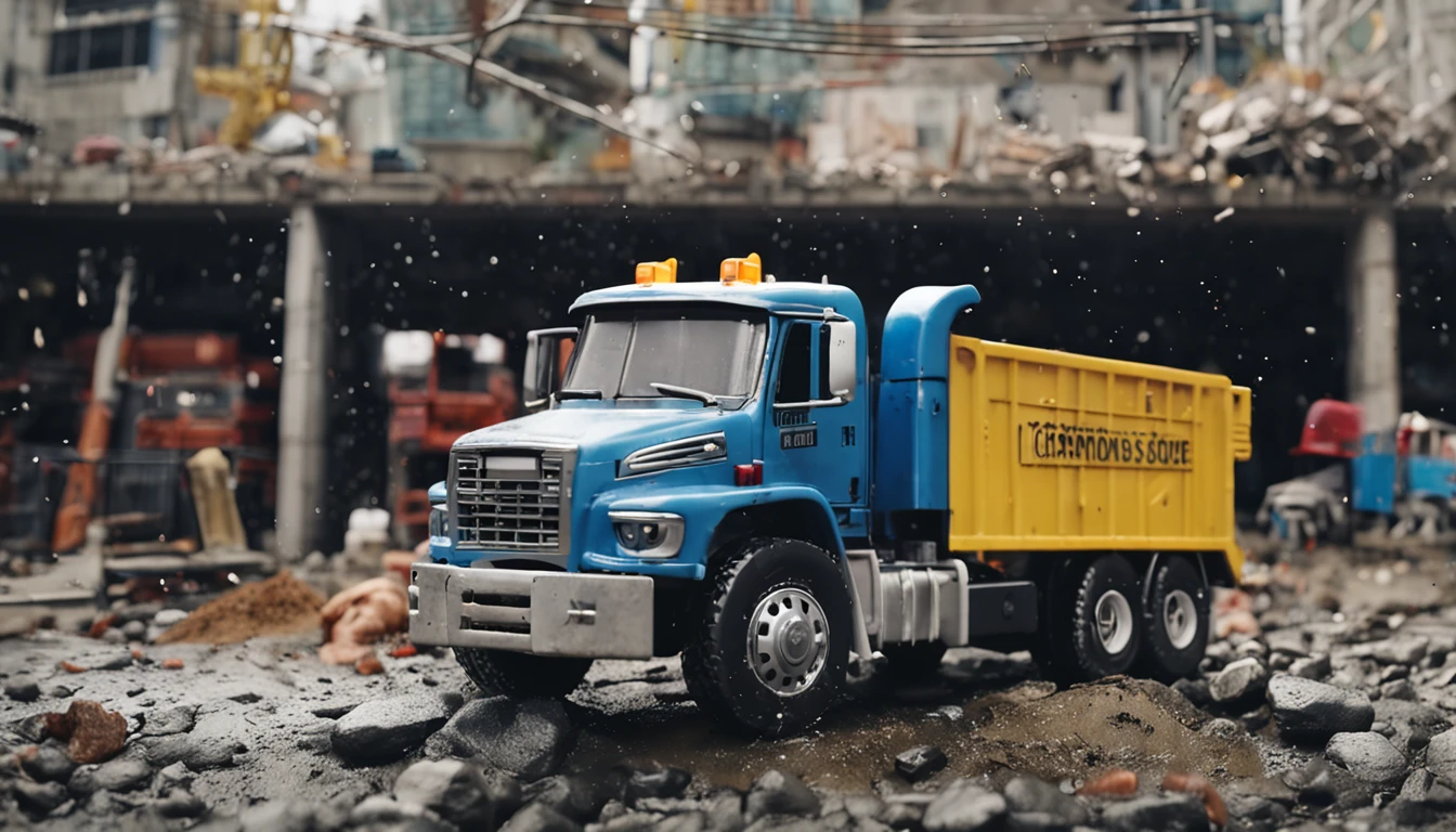 A middle-aged American man，Man，White top，Denim cargo pants，Black rain boots， Very professional water spray，Clean yellow cement truck，夏天，Blue sky，Construction site scene，ultra-realistic image，Miniature scenes，centered composition，Elevation viewing angle，ultra-realistic image，Real-world scenarios，8K分辨率，Meticulous and minimalist environment，The is very detailed，top-quality，artsy photography，Miniature scenes，Cinematic texture