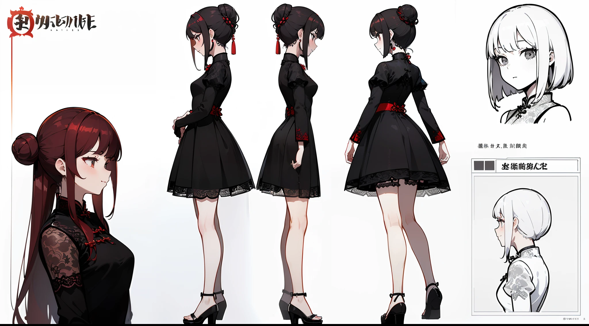 ((Best Quality)), ((Masterpiece)), ((Realistic)) 19 year old, redhead girl, shoulder length hair, relaxed happy face ((slender)) (busty), ((( cheongsam black lace dress))) (((mini skirt))) ((sexy dress)) bun hairstyle (((detailed character sheet, frontal view, side view, three quarter view))) (((white background))) 6 and a half heads full body
