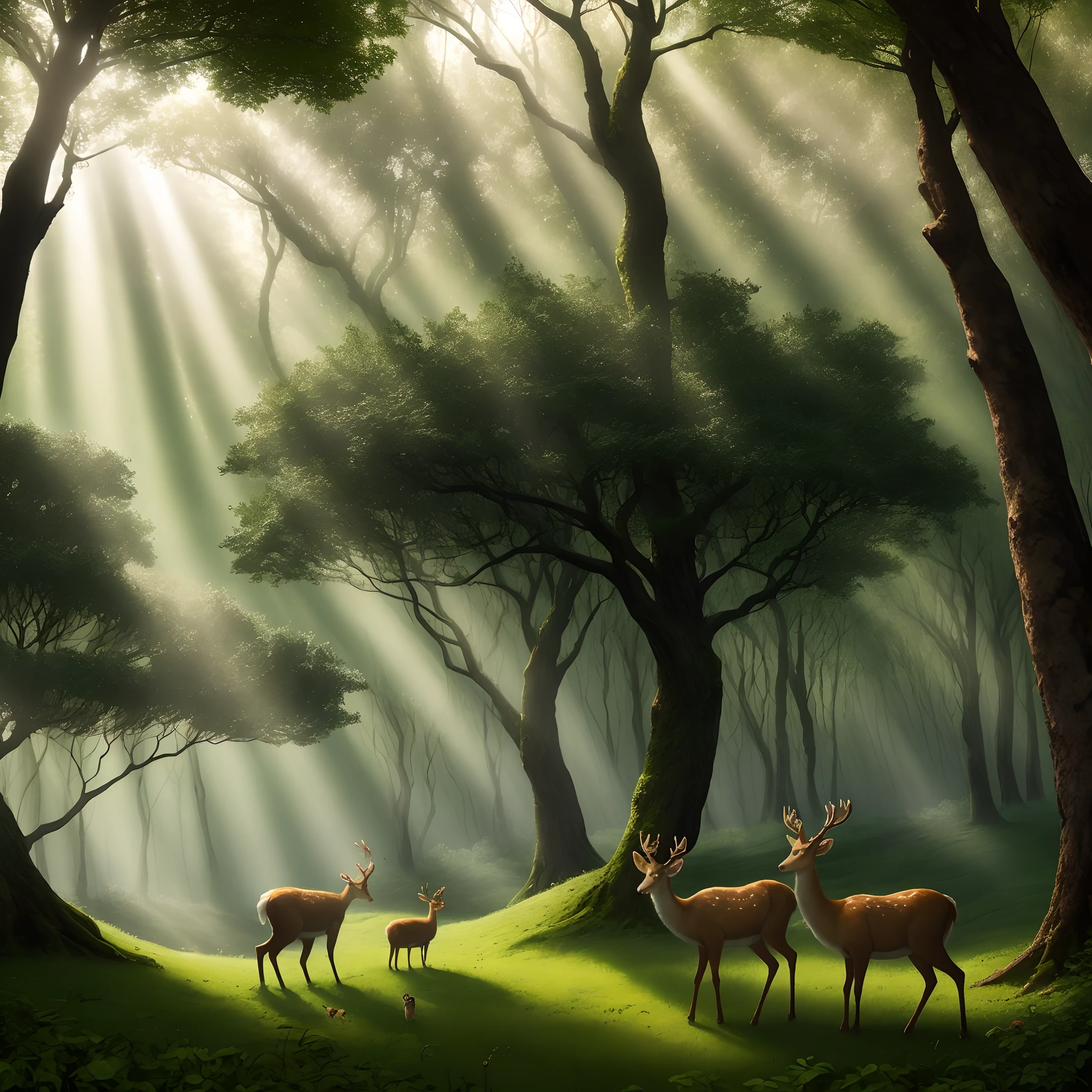 Um Duende, watching deer grazing among trees, Floresta, cor predominante verde, sun's rays between the treetops, magica, mythic