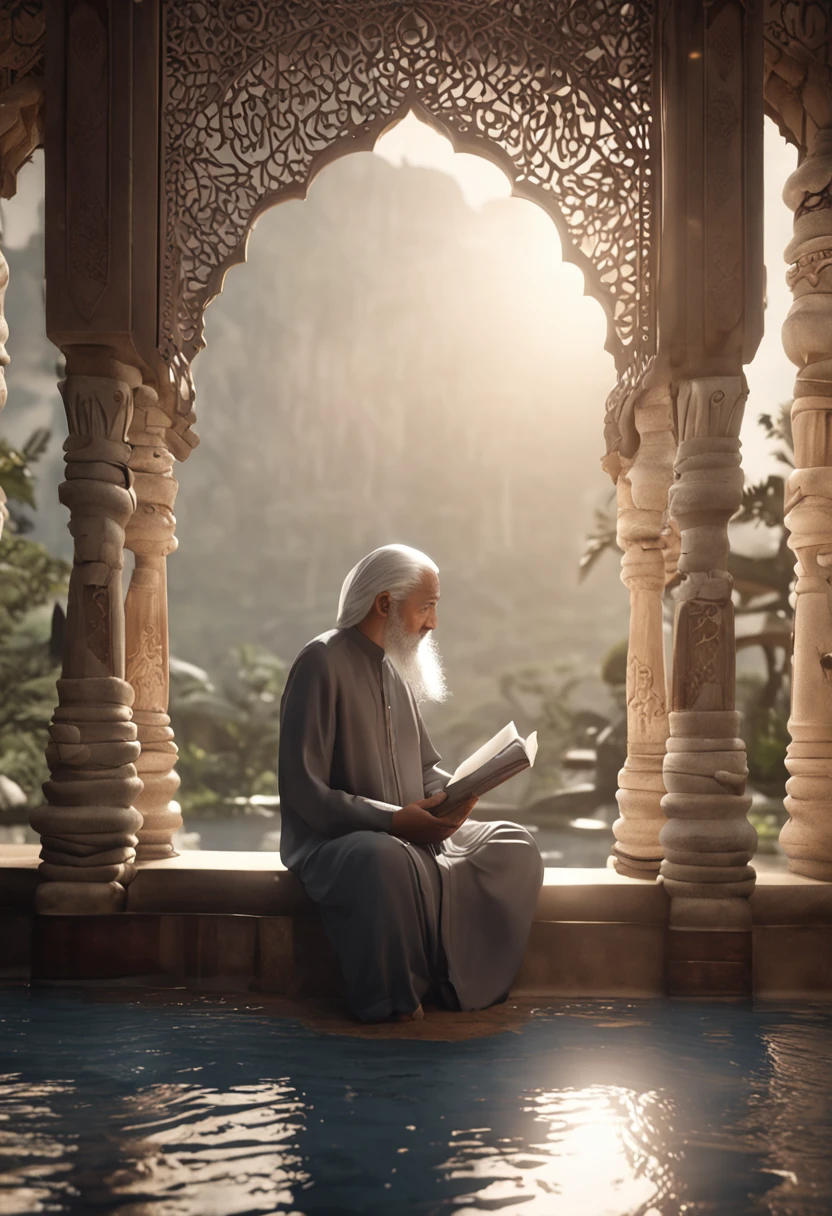 Immerse yourself in the realm of cinematic 3D art、Create a captivating image of an elderly person with long gray hair, Deeply absorbed in reading the Quran. Imagine a scene that exudes deep serenity and spirituality.Create your character with meticulous attention to detail, Capture the wisdom carved on their faces and the elegance of their long white hair. Imagine them in a quiet environment, Surrounded by an aura of divine light, Because cinematic lighting adds depth and drama to the scene.Light up the space with softness, Ethereal light, Cast gentle shadows that heighten awe. Create an atmosphere of tranquility and devotion, Rays of light shining through windows, candles with a warm glow, etc.、Subtle details.Through the artistry of 3D works、Bring out the sacred nature of the moment. For viewers、While witnessing an old sage immersed in the teachings of the Quran、Make you feel a deep connection to spirituality. It's ti