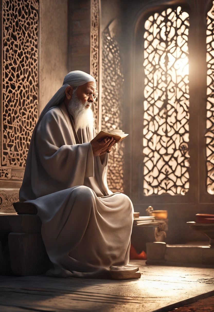 Immerse yourself in the realm of cinematic 3D art、Create a captivating image of an elderly person with long gray hair, Deeply absorbed in reading the Quran. Imagine a scene that exudes deep serenity and spirituality.Create your character with meticulous attention to detail, Capture the wisdom carved on their faces and the elegance of their long white hair. Imagine them in a quiet environment, Surrounded by an aura of divine light, Because cinematic lighting adds depth and drama to the scene.Light up the space with softness, Ethereal light, Cast gentle shadows that heighten awe. Create an atmosphere of tranquility and devotion, Rays of light shining through windows, candles with a warm glow, etc.、Subtle details.Through the artistry of 3D works、Bring out the sacred nature of the moment. For viewers、While witnessing an old sage immersed in the teachings of the Quran、Make you feel a deep connection to spirituality. It's ti