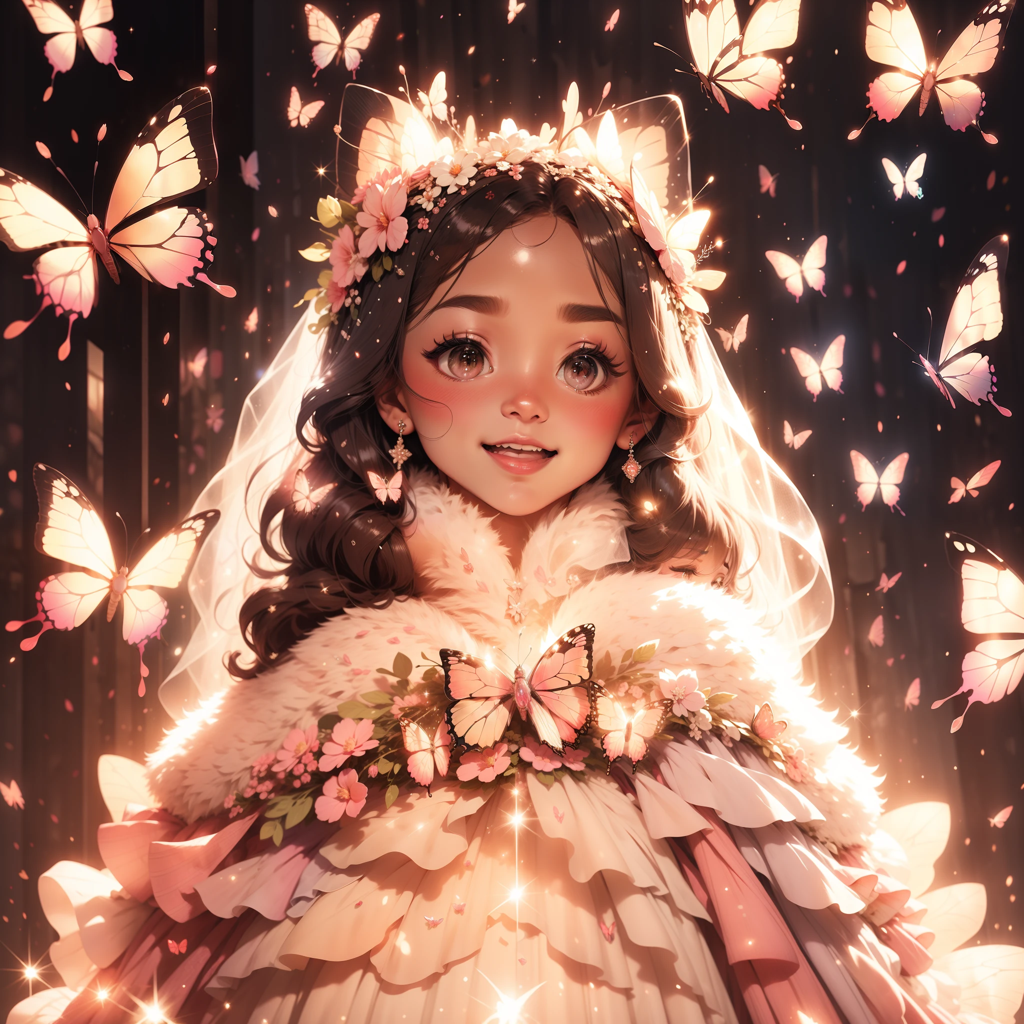 A wedding night, sparkling pink butterflies, A beautiful lovely girl, wearing a beautiful white wedding dress, sparkling pictures, high quality pictures, brown skin,