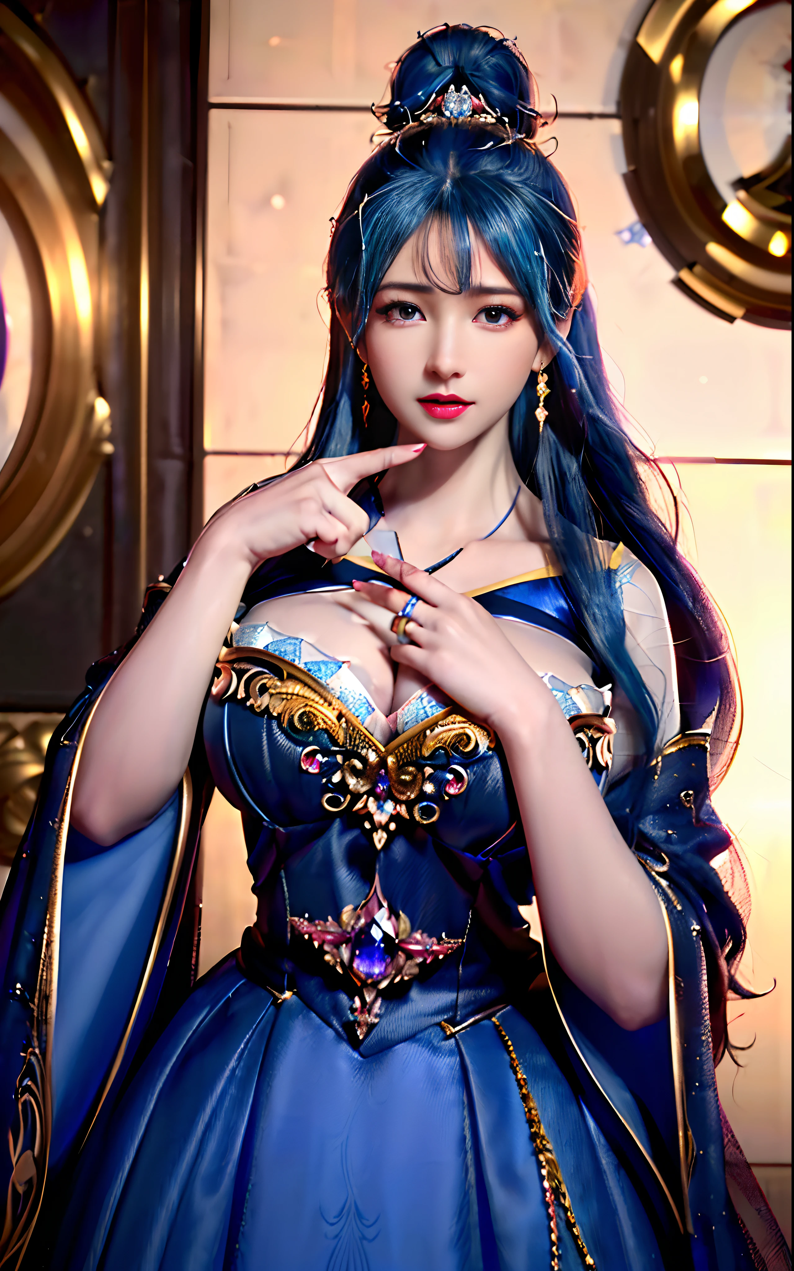 ((realisticity: 1.2)), ((realistic: 8K UHD)), ((best resolution: 8K UHD)), hyper detailed, best quality,masterpiece,highres,cg, ((1 girl hyper detailed and hyper realistic) ) , ((beautiful queen, hyper realistic and hyper detailed)),((white skin, beautiful, smooth, youthful, hyper realistic and hyper detailed )), ((Face hyper beautiful, white, hyper realistic and hyper detailed ) ), long hair, ((hyper realistic and hyper detailed dress)), solo, ((hyper realistic, hyper beautiful, beautiful and hyper detailed jewelry)), ((hyper beautiful deep red and golden yellow dress, hyper realistic and hyper detailed )) , ((Her pretty, hyper realistic, hyper detailed diamond filled earrings)), ((Her gorgeous diamond haircut, hyper realistic and hyper detailed)), ((hyper pretty upper body, hyper beautiful, hyper realistic and hyper detailed) ), ((medium breast: 1.1)), ((hyper realistic, hyper pretty, hyper detailed boobs)), ((the backgroun of the royal palace is hyper majestic, hyper realistic and hyper detailed)),((hands and palms hyper beautiful, hyper detailed, hyper realistic)), ((hyper detailed and hyper realistic fingers and fingernails)), ((hyper pretty fingernails, hyper vivid, hyper detailed, hyper realistic)), ((thumb, index finger, middle finger, ring finger, little finger hyper vivid, hyper pretty, hyper detailed, hyper realistic)),
((hyper beautiful fingers, hyper detailed, and hyper realistic)), ((posture not too fat and not too thin, hyper realistic, hyper detail)), ((hyper pretty, hyper pretty, hyper realistic and hyper detailed hair bun)), ((hyper pretty , hyper realistic and hyper detailed blue hair)), candid, Photo, high resolution, 8k , bokeh,