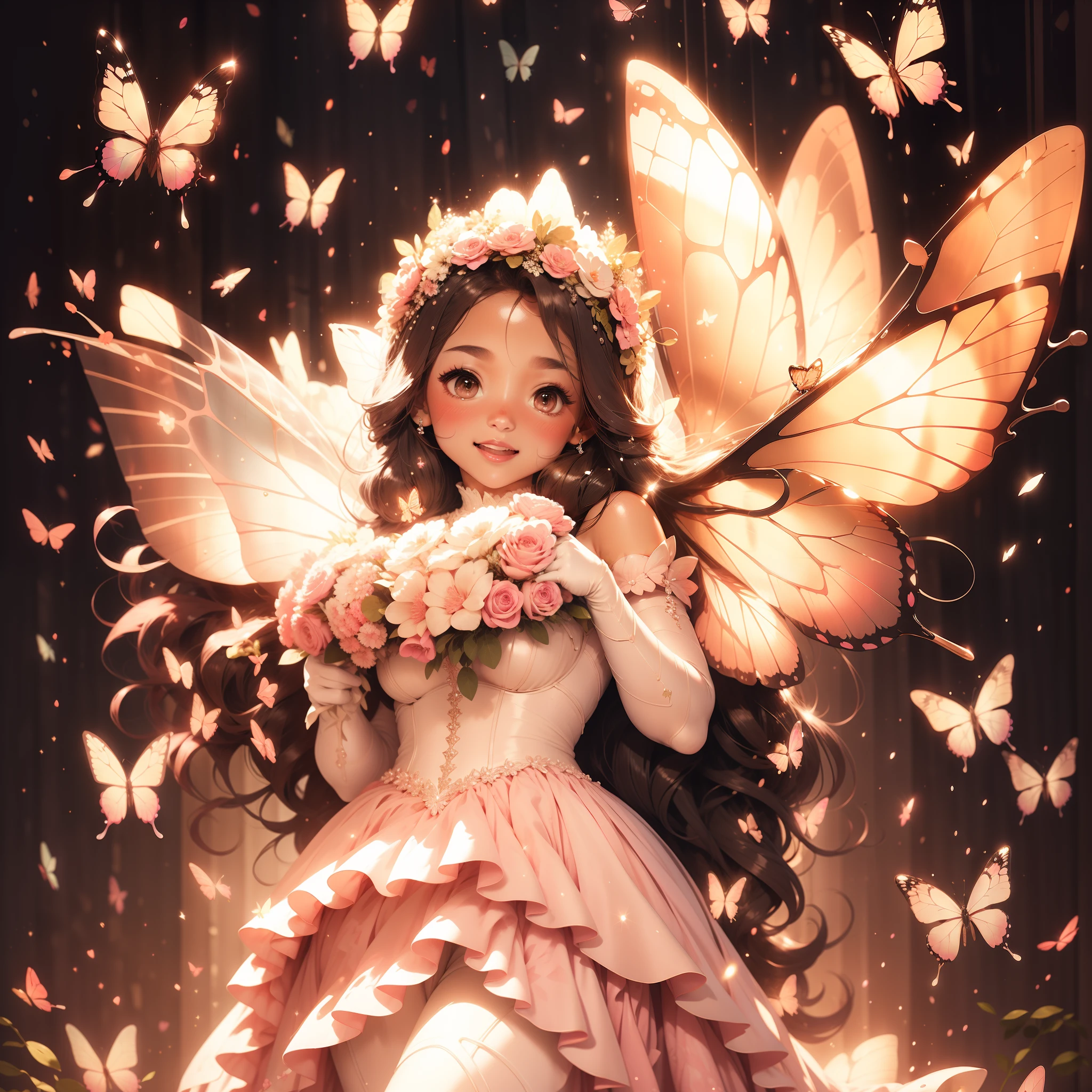A wedding night, sparkling pink butterflies, A beautiful lovely girl, wearing a beautiful white wedding dress, sparkling pictures, high quality pictures, brown skin,