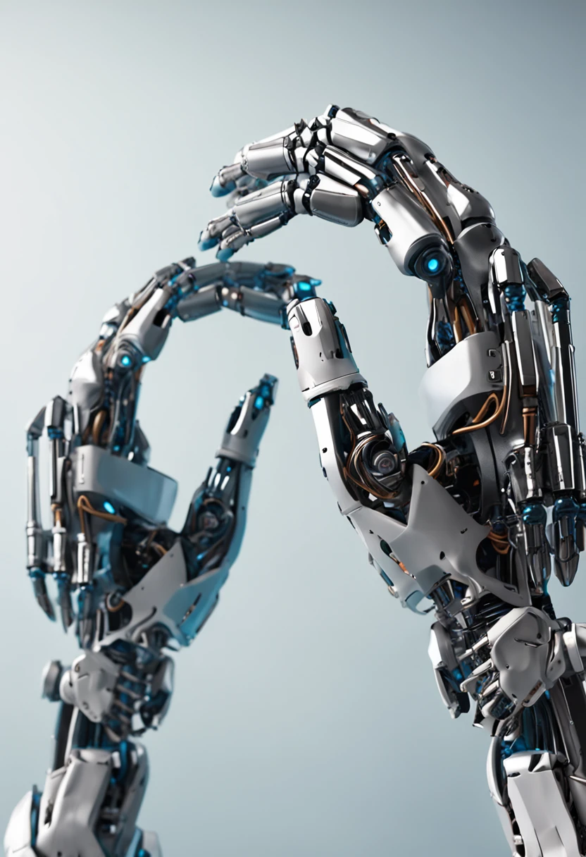 Two robotic hands with a white background photo of the bench, robot hands, robot arms, with TWO robotic arms, TWO Robotic Arms, foco em dois androides, Fantasia De Alta Qualidade, TWO cybernetic hands, Futuristic robot body WITH TWO HANDS , 2 handS big robot, Robotic outstretched arms, robot dragon hands and feet, robot dragon four fingered hands, robot's heart-shaped fingers, galactic energy