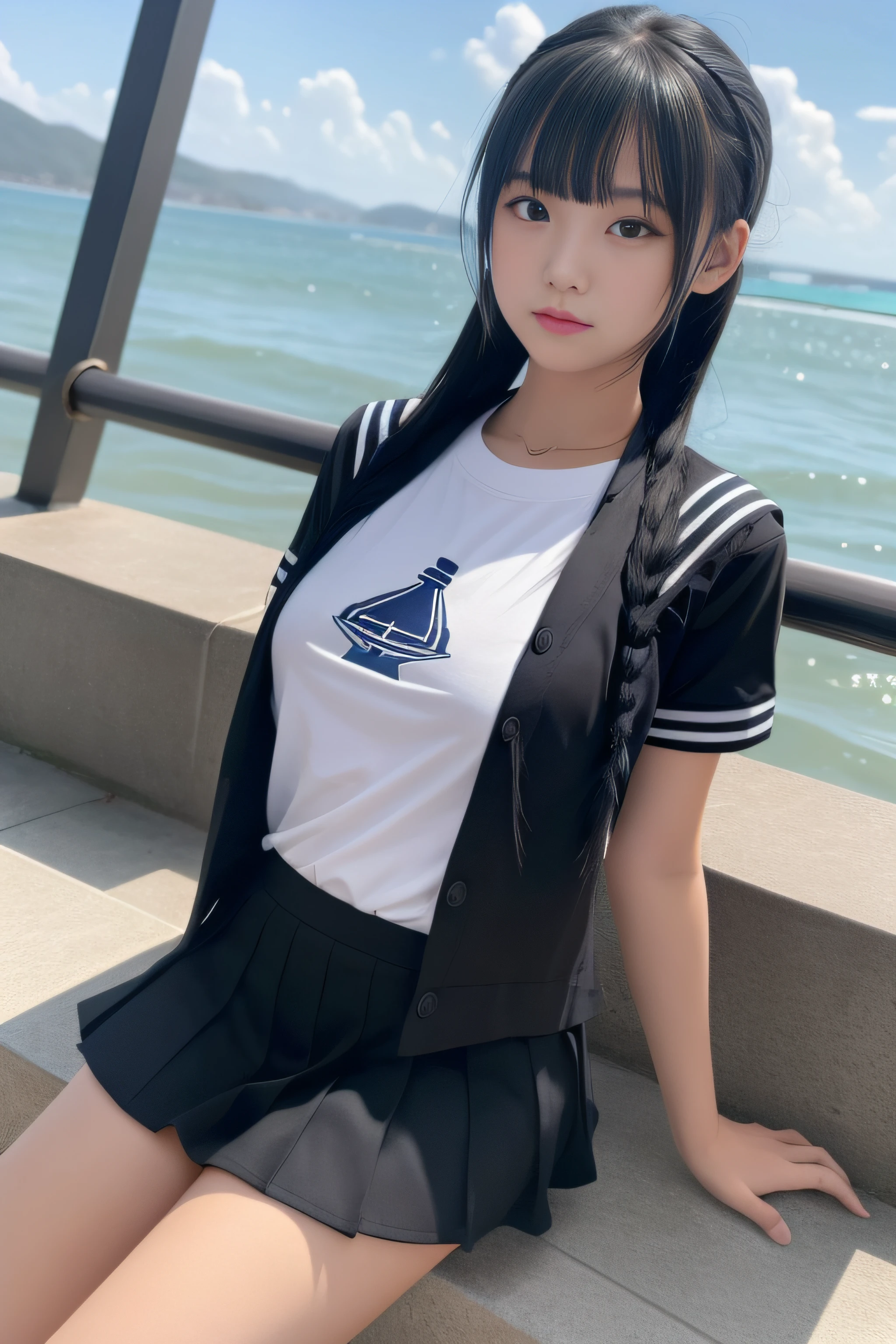 A girl，年轻，Black color hair，horse tailed，a sailor suit,best qualtiy，best illuminate，Highest high resolution，16k，Meticulous details，full body shot shot,realisticlying,beachside,The bust is huge,full bodyesbian,tee shirt