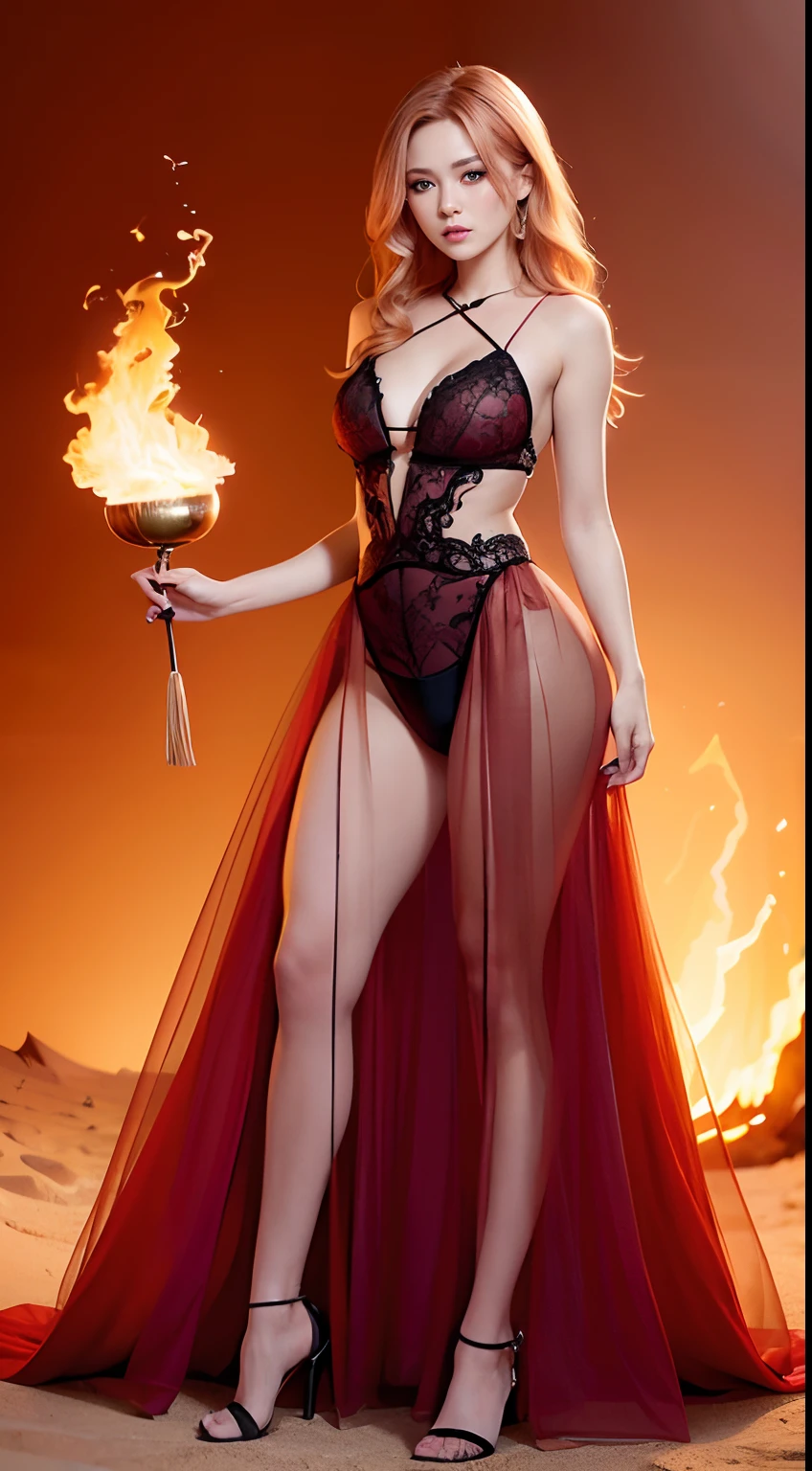 Full body portrait of a female fire mage,Red and blonde curls,Sheer tulle dress,red color eyes,Enchanted expression,A desert,digital fantasy art,Red, black tones,detail-rich,电影灯光,real photograph,Full body shot,low angle shot, SLR camera,(Very detailed, reasonable design, Clear lines, High sharpness,Best quality, Masterpiece, 4K:1.2 )