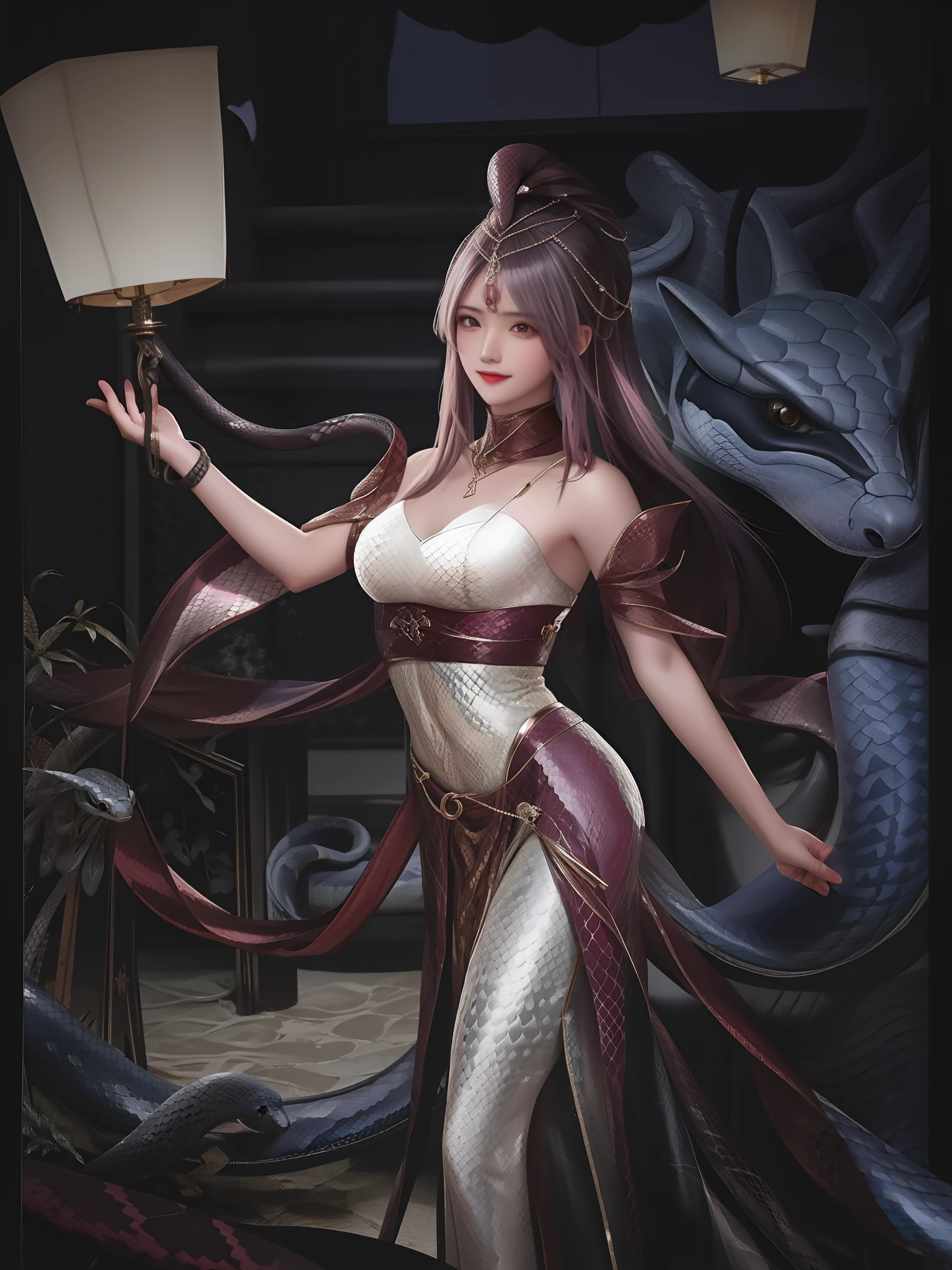 Snake woman，The lower body is a snake tail，The skin is covered with snake scales