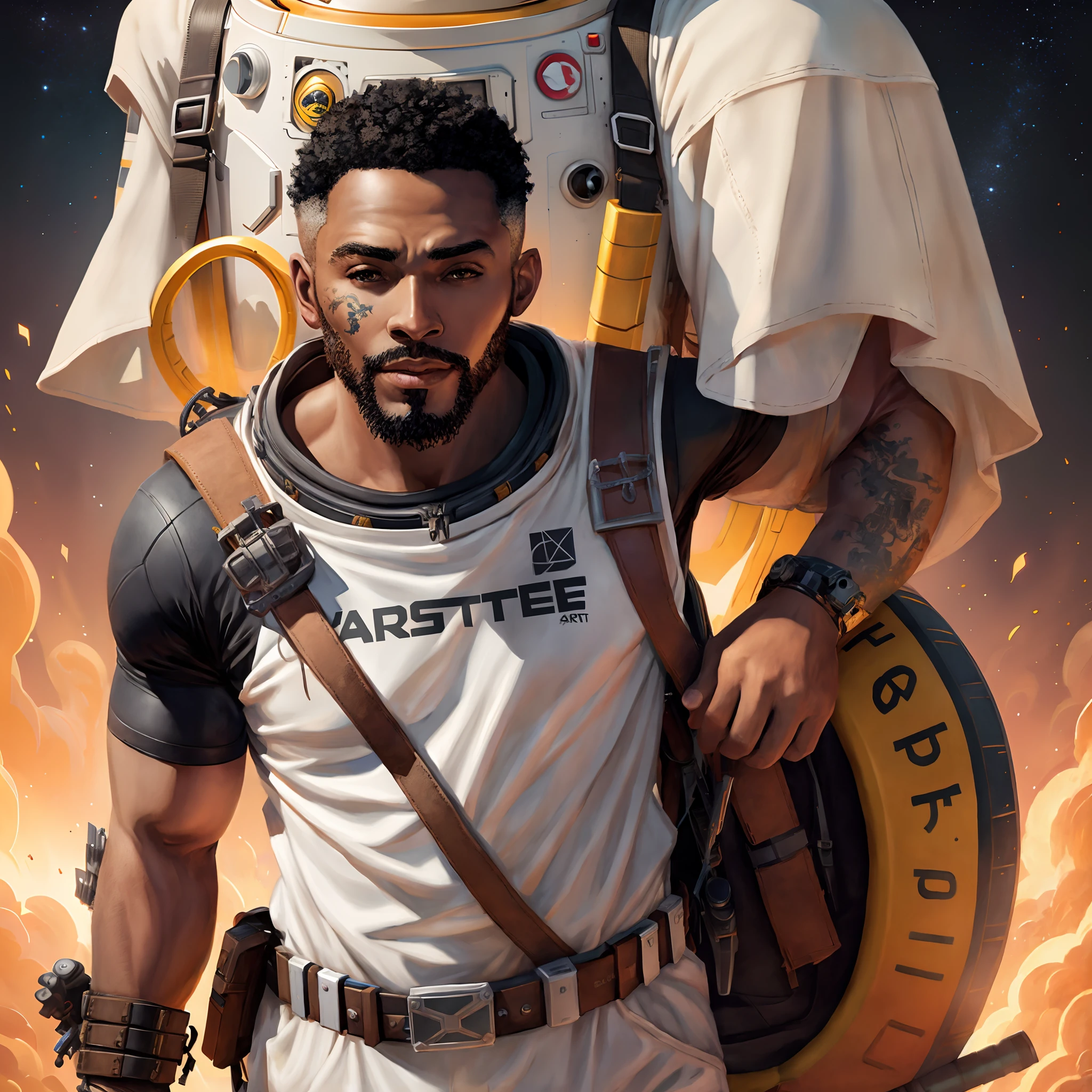 There's a man with a backpack on his back carrying a robot, Baptiste de Overwatch, gladiador vestindo traje espacial, Trending in ArtStation 4K, Trend at Artstation headquarters, trending on ArtStation.', Wojtek FUS, traje espacial empoeirado, Beeple e Tim Hildebrandt, astronauta futurista, Traje espacial interestelar, inspirado em Scott Listfield, trending on ArtStation