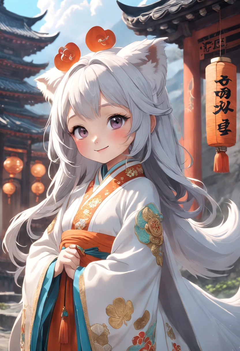 Super cute ****** girl，Dressed in gorgeous Hanfu，Little vixen，anthropomorphic turtle，Bubble Mart wind，Wear an elegant cloak，A sweet smile，White fur，Large bright eyes and fluffy tail，Clouds float gently，Extremely detailed 3D animations，Super realistic，super detailing，Luxury cinema lighting，Octave light，Octane butane，zbrush，Blind box figures