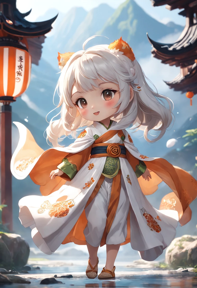 Super cute little girl,Dressed in gorgeous Hanfu,Little vixen,anthropomorphic turtle,Bubble Mart wind,Wear an elegant cloak,A sweet smile,White fur,Large bright eyes and fluffy tail,Clouds float gently,Extremely detailed 3D animations,Super realistic,super detailing,Luxury cinema lighting,Octave light,Octane butane,zbrush,Blind box figures