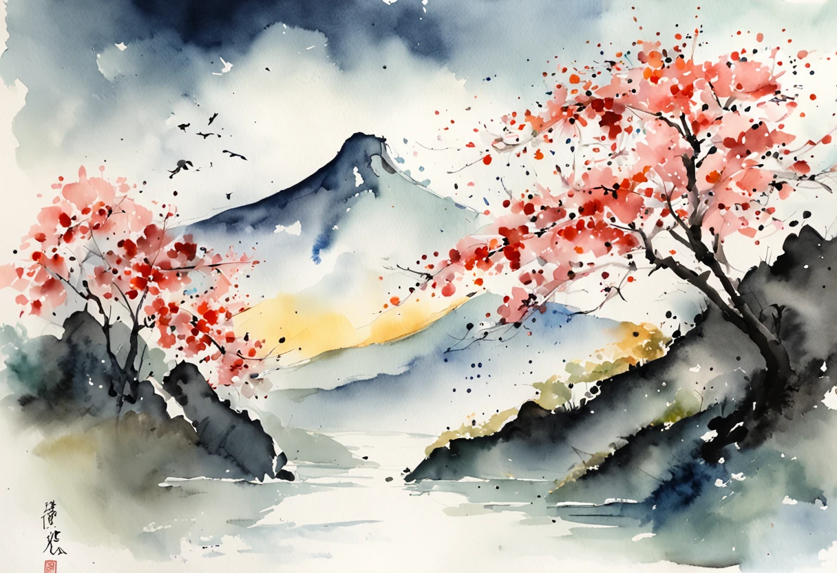 masterpiece,A mountain on white paper,Expressed in ink only々There is also a sea of clouds and moonlit nights、pale touch、ink and watercolor painting,((jasmine flowers)),(Birds fly over the hills:1.3)