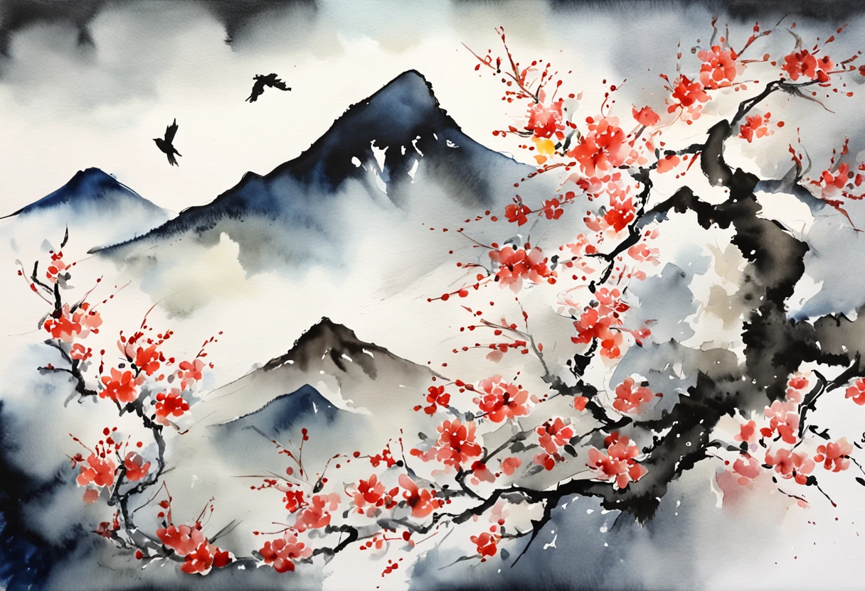 masterpiece,A mountain on white paper,Expressed in ink only々There is also a sea of clouds and moonlit nights、pale touch、ink and watercolor painting,((jasmine flowers)),(Birds fly over the hills:1.3)