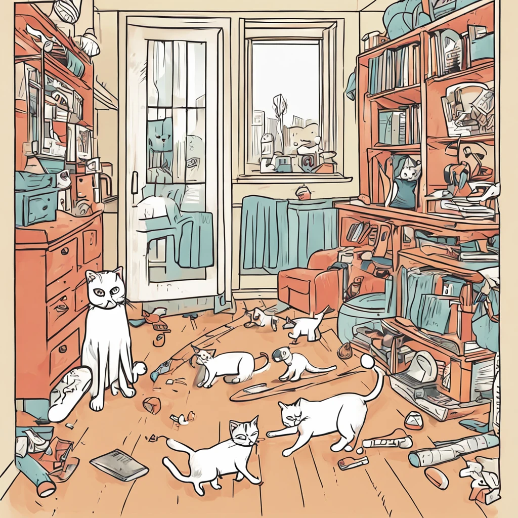 Draw a cat jumping from one piece of furniture to another, In a room full of toys scattered on the floor. Take advantage of dynamic lines、Shows the agility and grace of the cat while playing