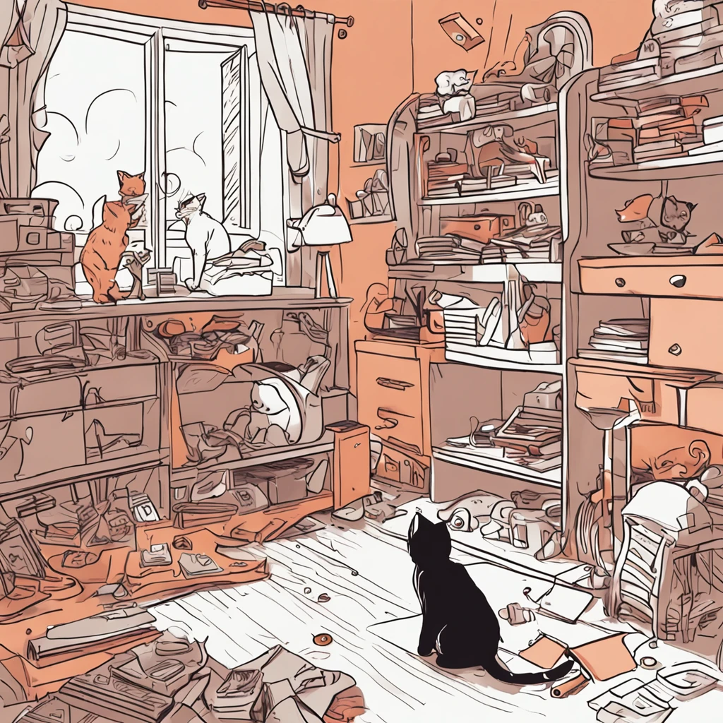 Draw a cat jumping from one piece of furniture to another, In a room full of toys scattered on the floor. Take advantage of dynamic lines、Shows the agility and grace of the cat while playing