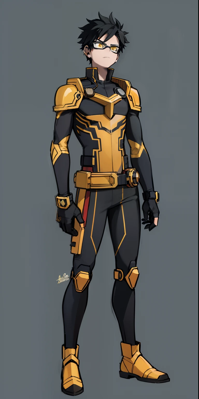 My Hero Academia style, anime boy, male, young male, trending on artstation pixiv, (full body shot:0.5), short shoulder length hair, black hair, gold goggles on forehead, gold goggles, goggles on the forehead, yellow eyes, hero suit, full body suit, black suit with yellow details, super detailed, Perfect anatomy,