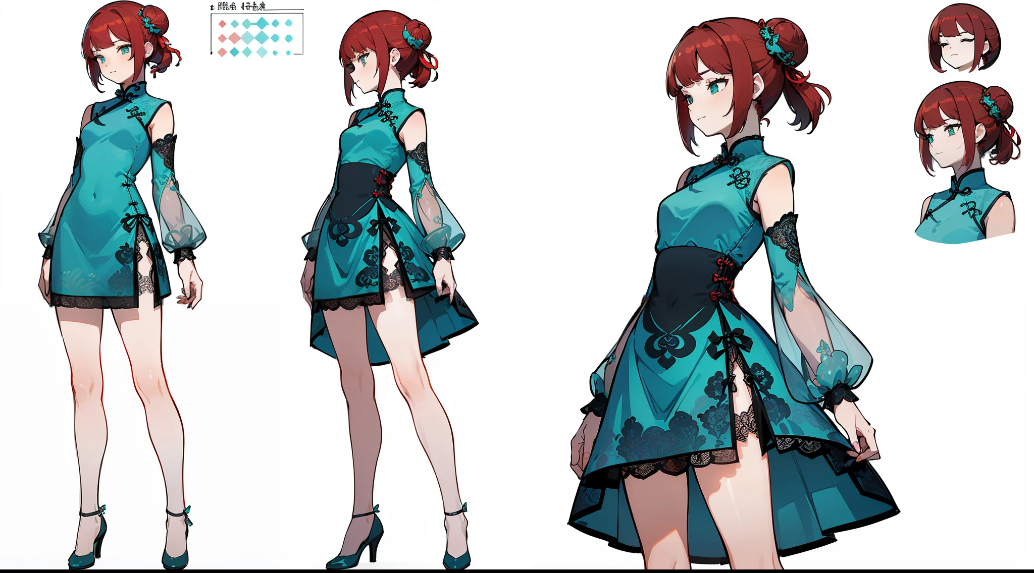 ((Best Quality)), ((Masterpiece)), ((Realistic)) 19 year old, redhead girl, shoulder length hair, relaxed happy face ((slender)) (busty), ((( cheongsam turquoise lace dress))) (((mini skirt))) ((sexy dress)) bun hairstyle (((detailed character sheet, frontal view, side view, three quarter view))) (((white background))) 6 and a half heads full body