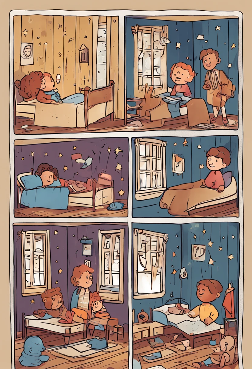 O Pequeno garoto de 6 anos, various poses and expressions, Children's book illustration style, simples, fofo, Cores, cabelos castanhos curto, olhos pretos, in the bedroom looking out the window at night of starry sky