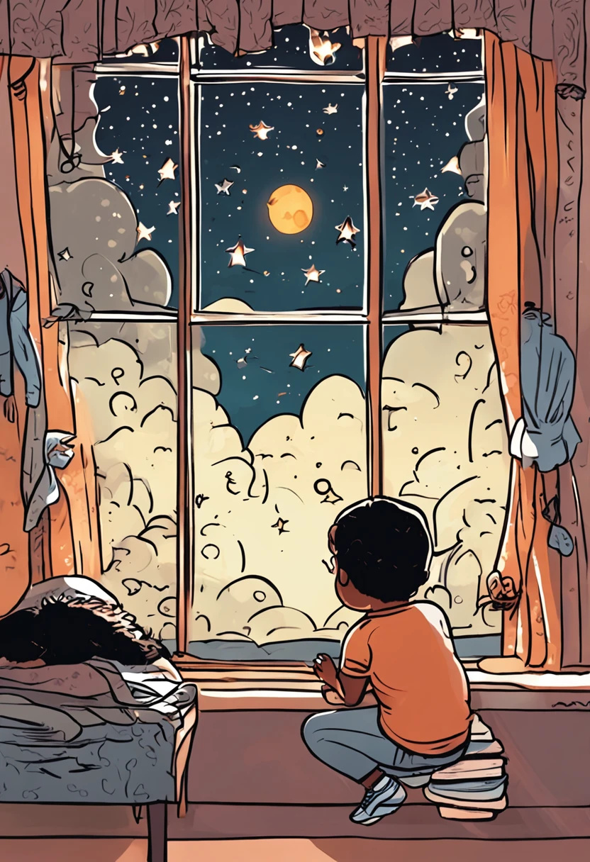 O Pequeno garoto de 6 anos, various poses and expressions, Children's book illustration style, simples, fofo, Cores, cabelos castanhos curto, olhos pretos, in the bedroom looking out the window at night of starry sky