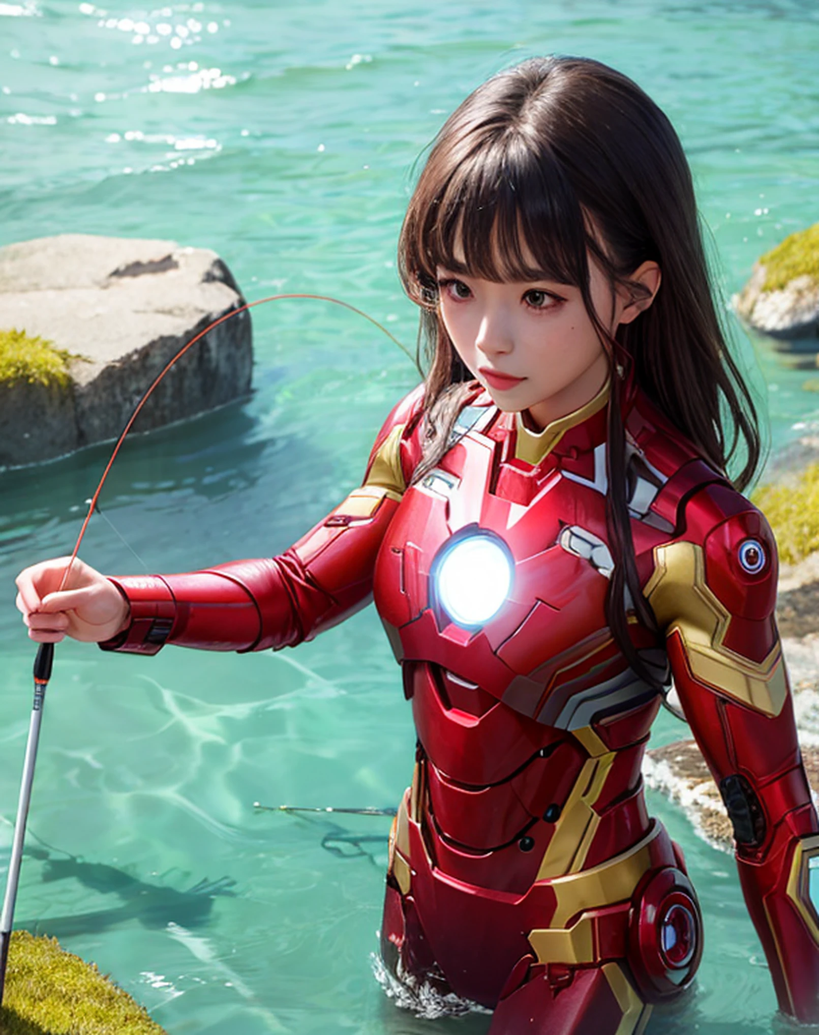 woman,Iron Man outfit,Half submerged in water,Fishing in the lake,Fishing rod in hand