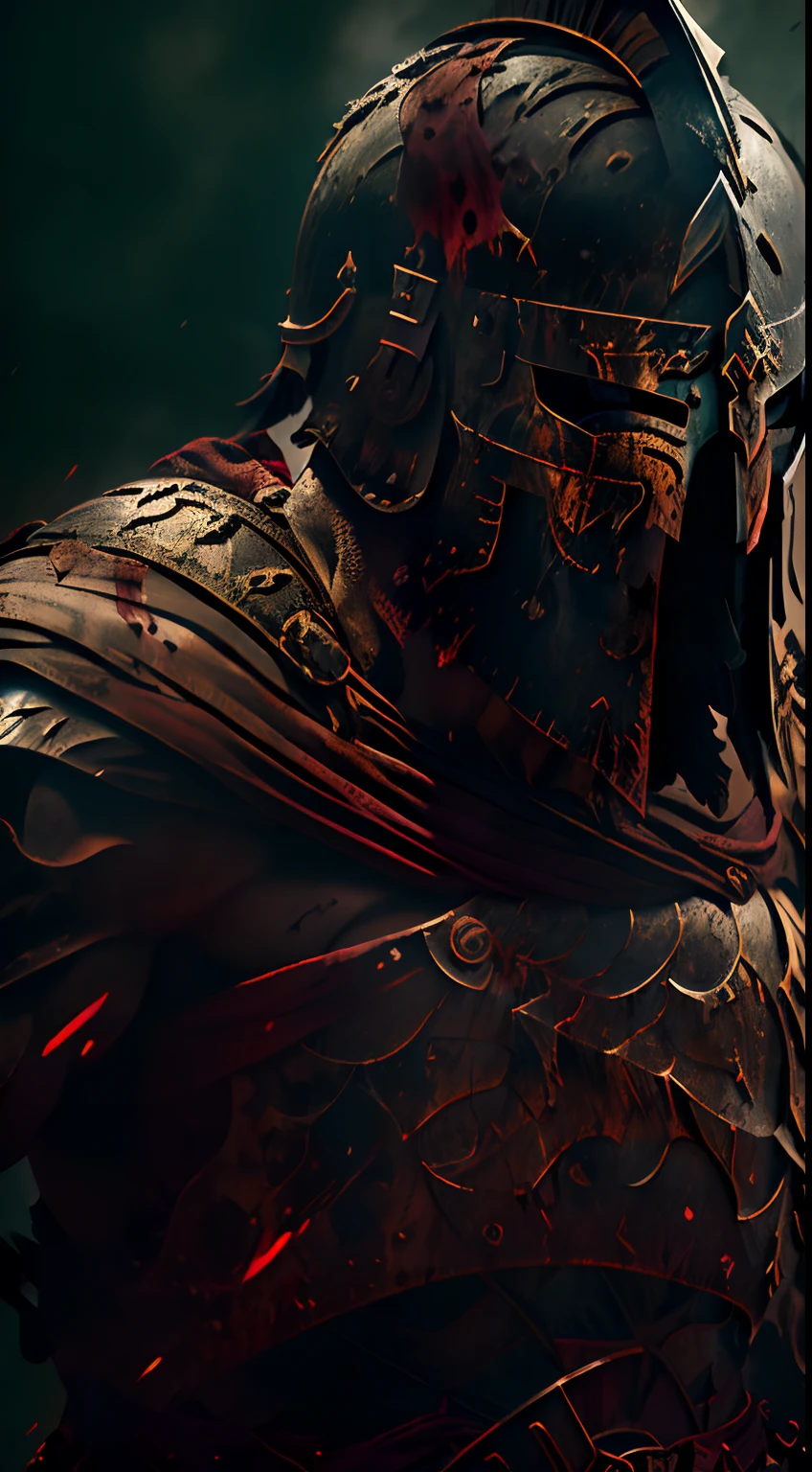 (Ultra resolution 8K) Medieval epic Spartan warrior The Spartan's face is obscured by the shadow of the blackened metal helmet, whose surface is stained and splattered with fresh blood. The raw and rough lines of the helmet merge with the gloomy scenery of the battle, almost looking like an extension of the warrior's own grim countenance.