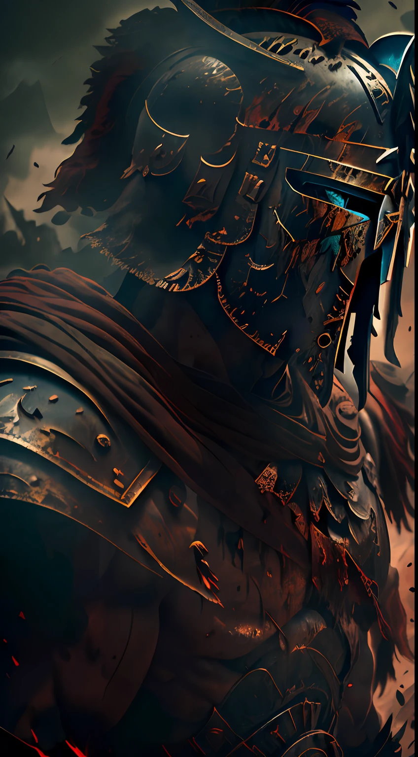 (Ultra resolution 8K) Medieval epic Spartan warrior The Spartan's face is obscured by the shadow of the blackened metal helmet, whose surface is stained and splattered with fresh blood. The raw and rough lines of the helmet merge with the gloomy scenery of the battle, almost looking like an extension of the warrior's own grim countenance.