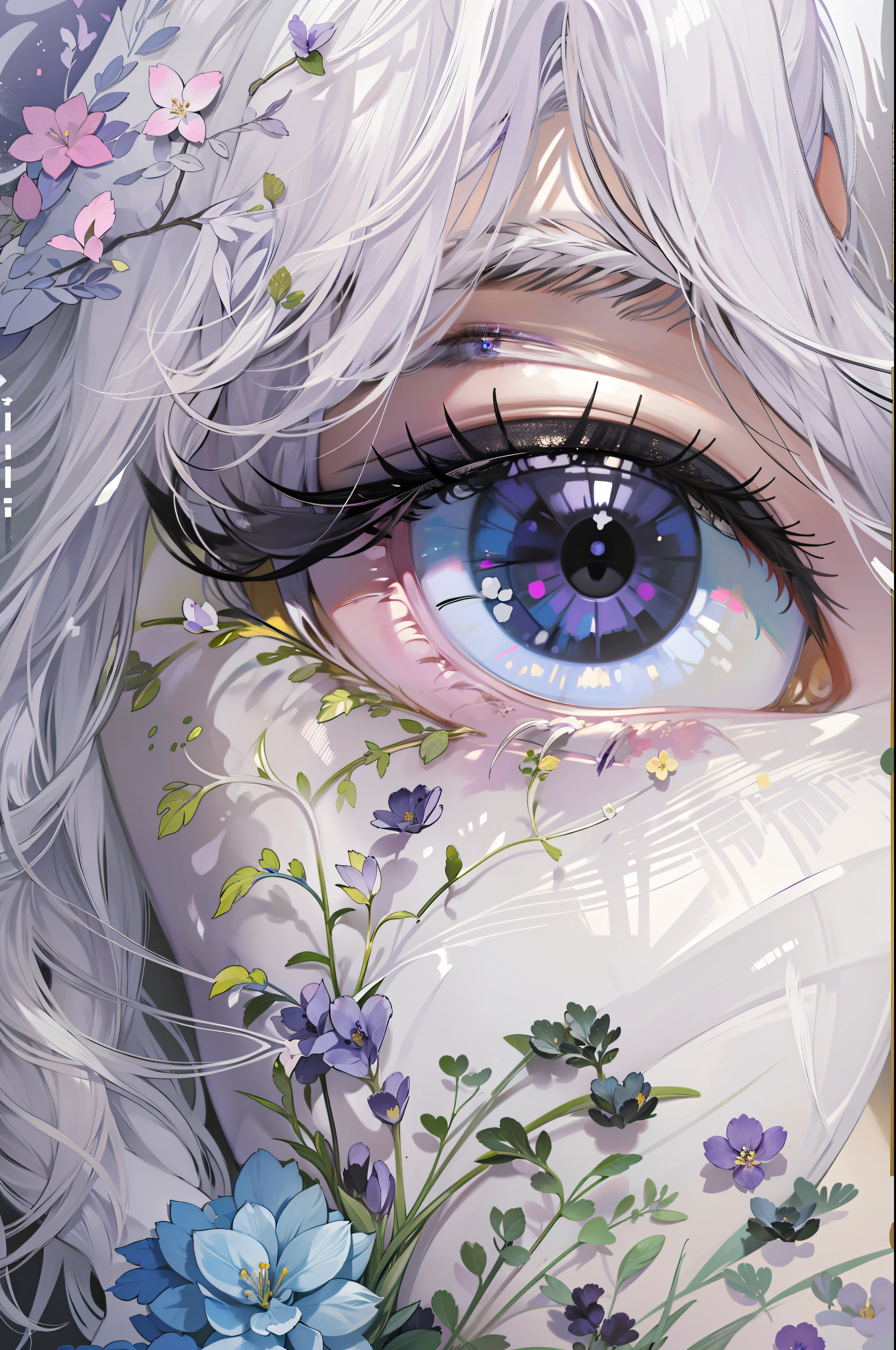 A woman with long silver-white hair lying on turf，Silvery-white hair，Long hair scattered，Purple eye，((Black dress))，The turf is covered with various flowers，Colorful，Light，Texture，bangs，Natural causes，Delicate and beautiful details，(Eye details），very detailed illustration