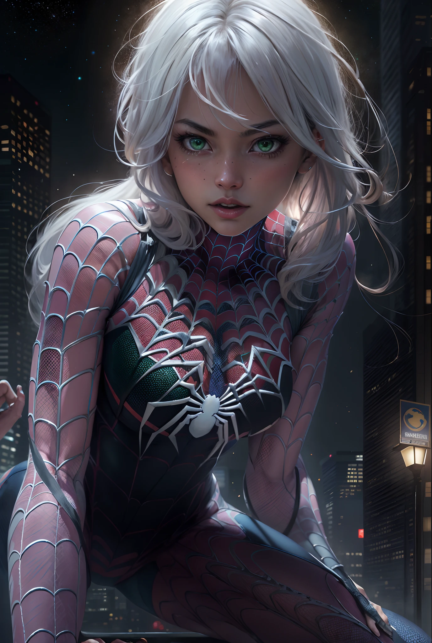 (Masterpiece, 4k resolution, ultra-realistic, very detailed, cinematic lighting), ((Spider-Girl, charismatic, spidergirl showing her back)), [ ((22 year old girl with big butt), (white:1.2), full body, (green eyes:1.2), ((Spider-Man pose),show of strength, dramatic presentation), ((dirty urban environment):0.8)| (cityscape, at night, dynamic lights), (full moon))] # Explanation: 4K painting of ultra-high definition, very realistic, very detailed. Art by ayami kojima