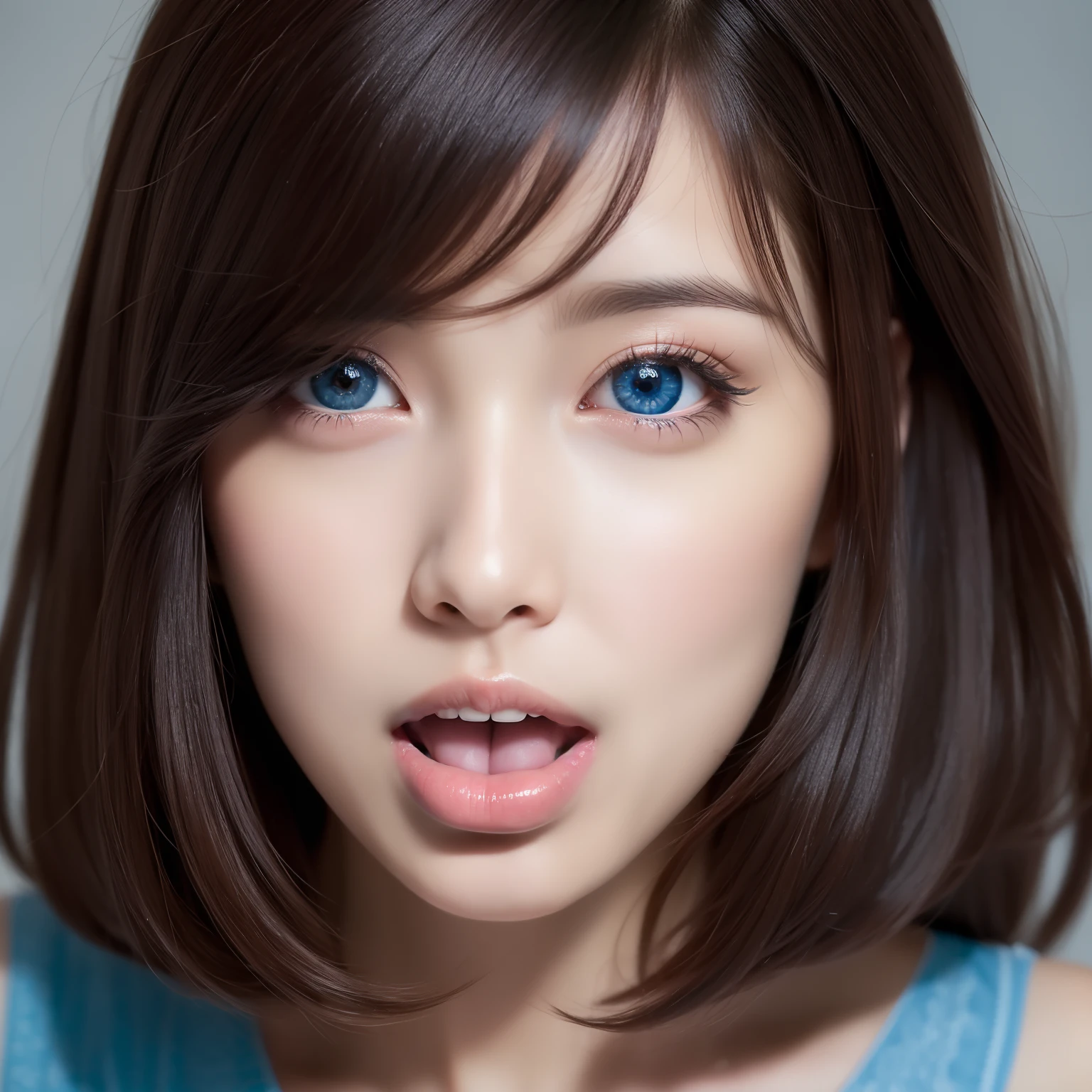 super high image, super detail, super high resolution, lip focus, beautiful sexy girl, red alluring moist thick lips, tongue, saliva, ecstatic expression, amorous expression, seductive look, white glossy flowing layered messy wavy short hair, blue sparkling big eyes