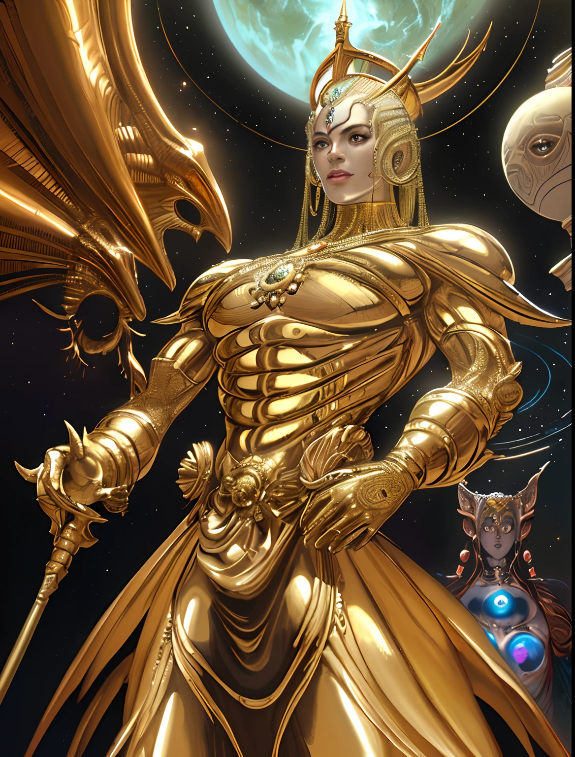 Terrifying alien space monster with gold and silver skin,holding a cane with red,verde,Diamantes naranjas y azules,futuristic,((masculino,cuerpo completo)),Arte de Boris Vallejo,h.r. Giger y Julie Bell,((Arte ultrahiperrealista,elegante,Bellas Artes)),((hiperdetallado,obra maestra,32K,Ultra HD.)).