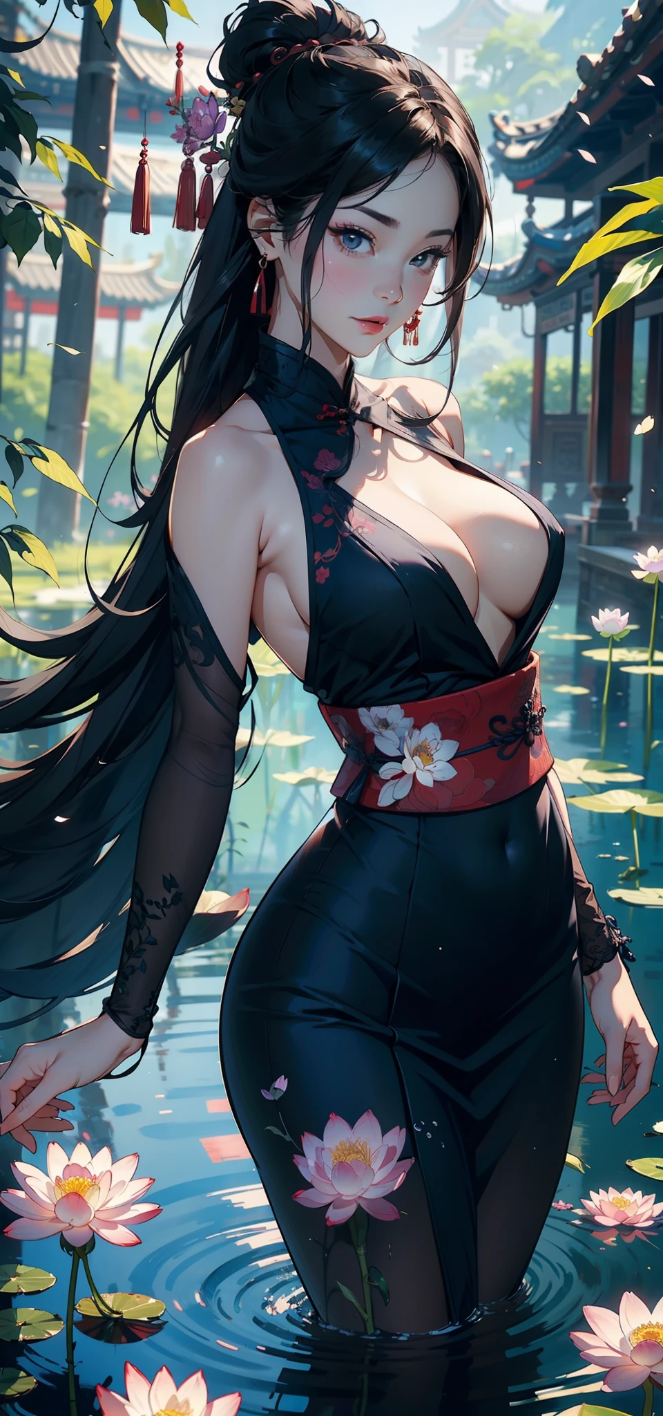 chinese paintings,Gongbi drawing style,ink,legends,Purple background,deep Purple,Dark tones,Pink big breasts,lotuses,foreground,lotus flower,Green bamboo vista,(snow landscape),((Ancient Chinese big red Hanfu beauty standing in a sea of flowers smiling)),Melon seed face,Willow eyebrows,Cherry small mouth,(Black eyes),Gentle atmosphere,closeup cleavage,Perfect facial features,(The hair is meticulously depicted),(The face is carefully depicted),Works of masters,(The flowers are carefully depicted),super-fine,high qulity,A high resolution,The composition is perfect,((tmasterpiece))Bigchest,Big breasts Thin waist,long leges,Buttock augmentation,Raised sexy,,Bare lower body,Bare breasts