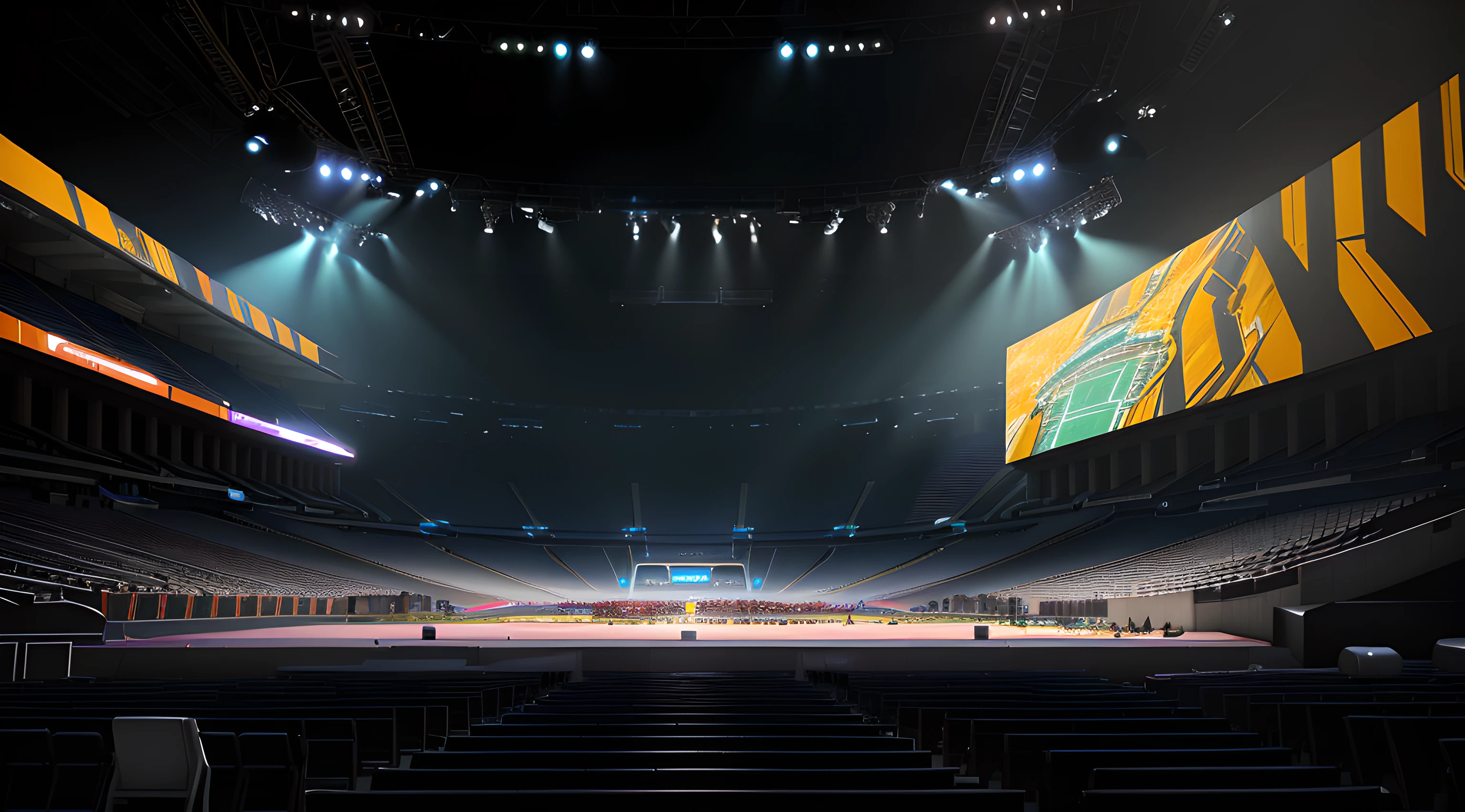 There is a large stadium with a stage and crowd, in the middle of an arena, futuristic sport arena, standing in an arena, arena background, Dramatic lighting. concept-art, In the arena, concept art 2022, stadium setting, imax render, concept art 8k resolution, rendered in 3 dsmax, concept art 8 k resolution