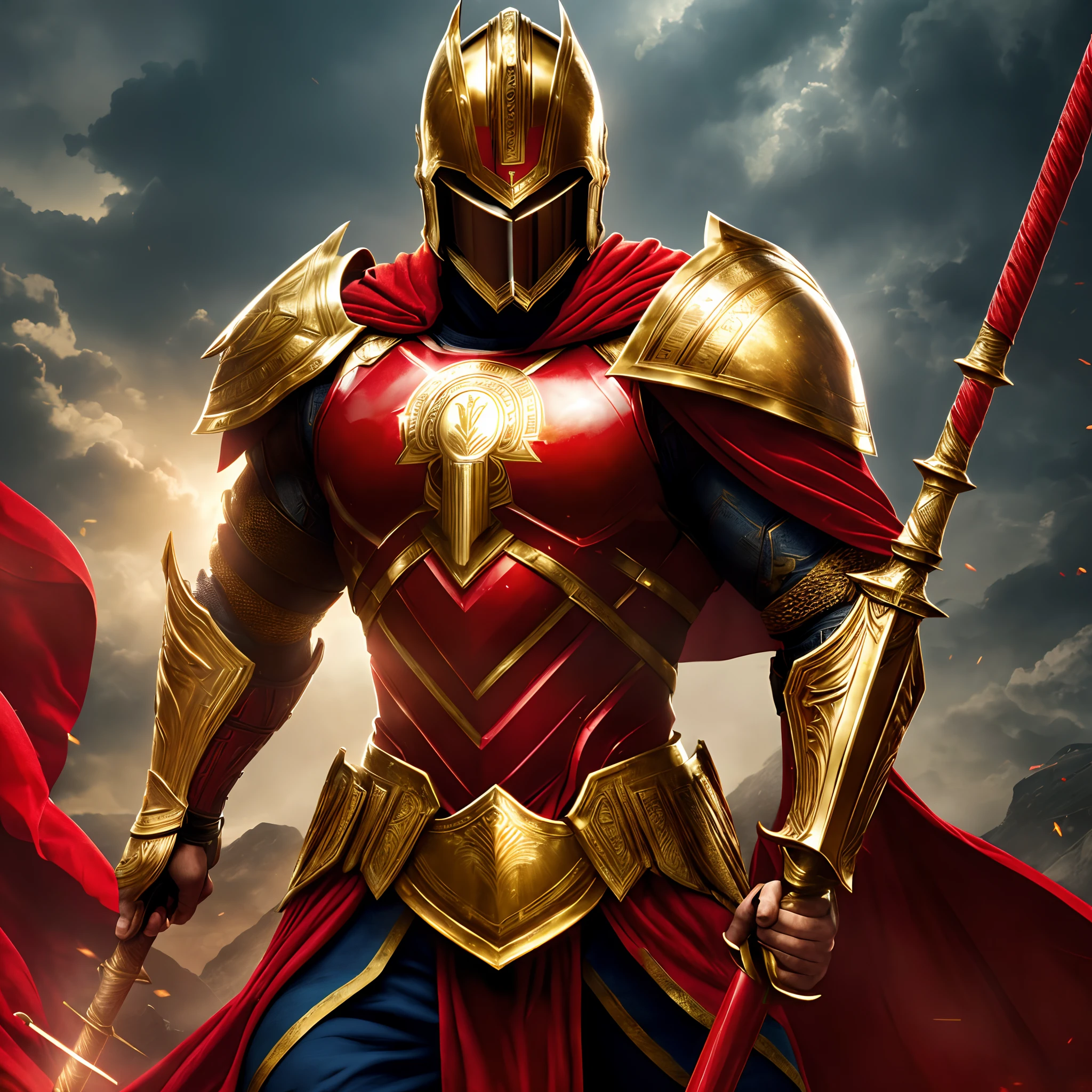 (8k wallpaper:1.2),(Ultra-high resolution:1.2),(masterpiece:1.1),wallpaper,High quality,masterpiece,(High detail),1man, Spartan warrior, wearing Spartan armour,gold armour, wearing a red cape,holding the shield and spear, surrounded by Spartans,