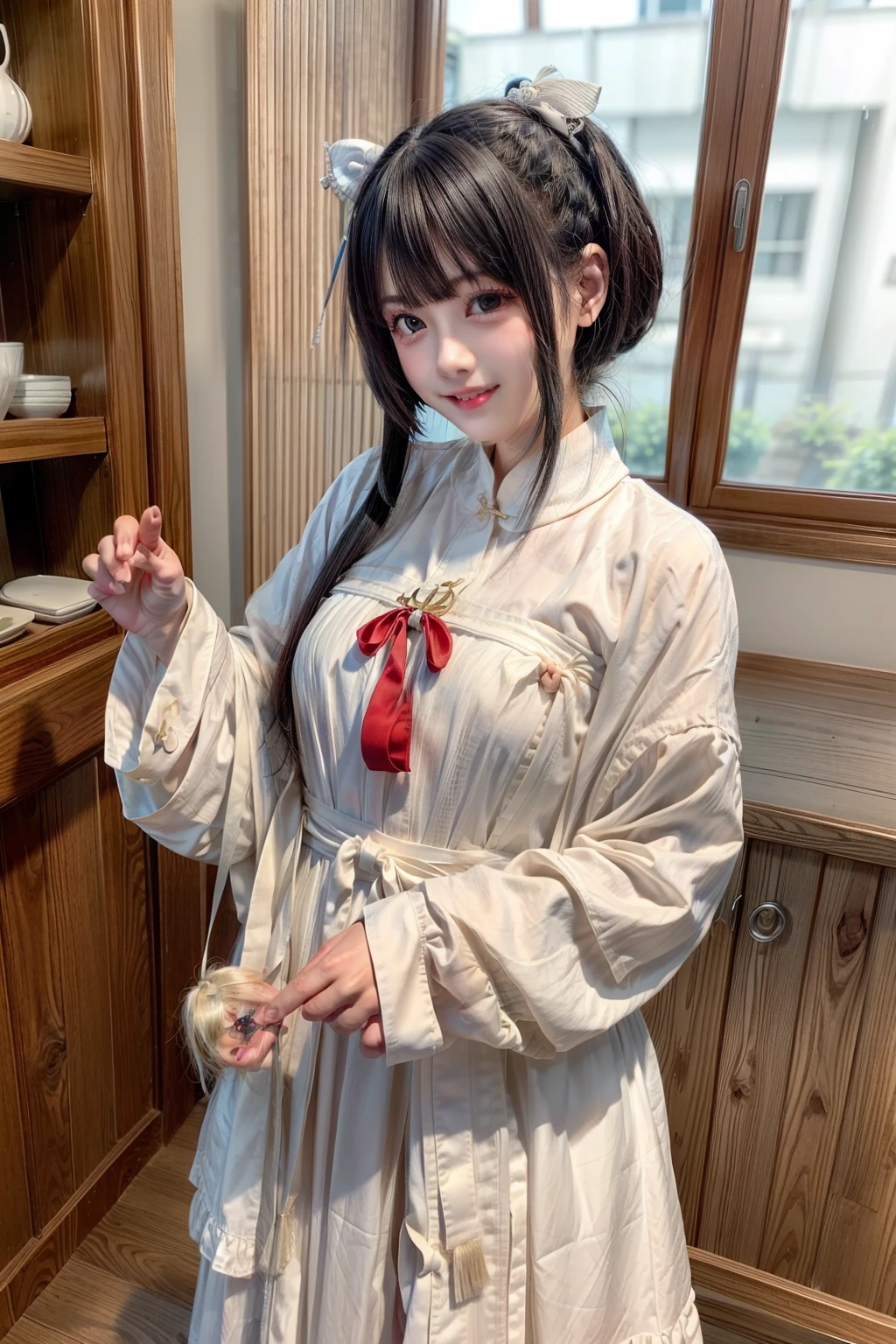 Photo Real、photoRealstic shorth hair、hime-cut、Himecut、Blunt bangs、Both side locks、Side lock across the bangs drooing eyes、big eye、The contours of the face are round、Young Face、a baby face 25-years old、young body、Soft thighs、Infirmary Teacher Rough dress、white dres、shortpants、耳Nipple Ring Adult Pose、gently smiling、Laughing expression、Smiling Background with、Infirmary、Large room