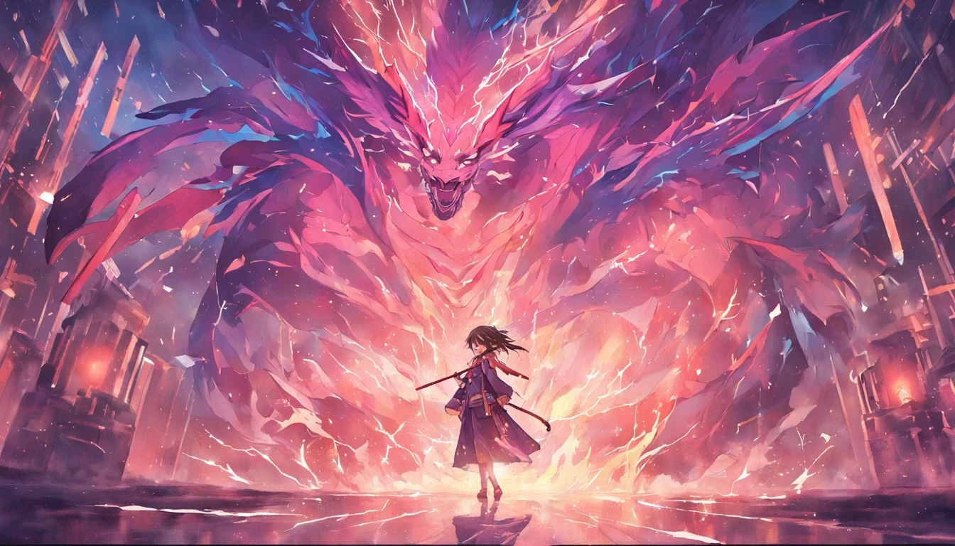 （shoun），Hand-held bamboo cane，（Purple dragon），（Lightning dances in the air），（lightning effects：1.5）,Elongated dragon body，elevation，Faraway view，super detailing，best qualtiy，tmasterpiece，8K，Extremely detailed，Epic artwork
