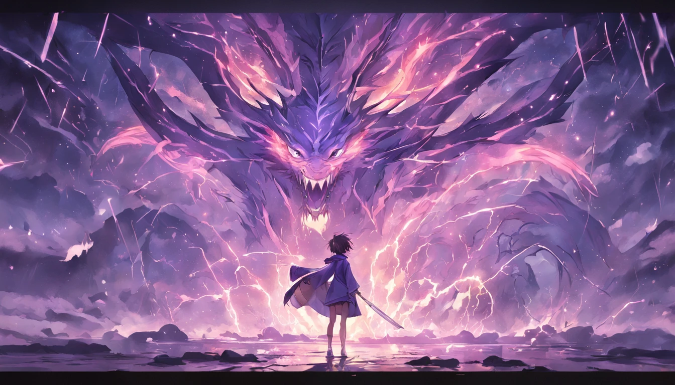 （shoun），Hand-held bamboo cane，（Purple dragon），（Lightning dances in the air），（lightning effects：1.5）,Elongated dragon body，elevation，Faraway view，super detailing，best qualtiy，tmasterpiece，8K，Extremely detailed，Epic artwork