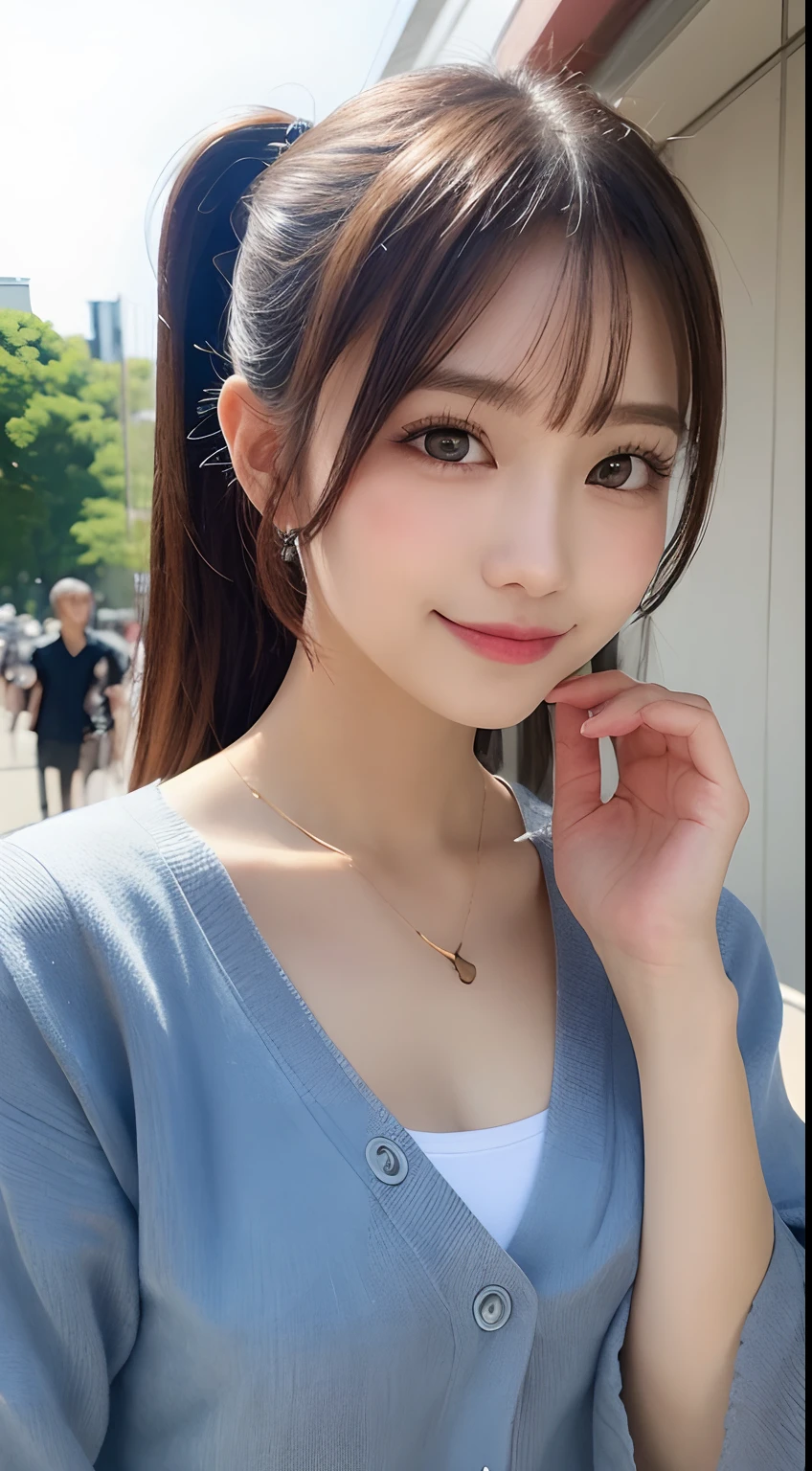 masutepiece, Best Quality, Illustration, Ultra-detailed, finely detail, hight resolution, 8K Wallpaper, Perfect dynamic composition, Beautiful detailed eyes, Women's Fashion Summer,Ponytail hair,mid-chest, Natural Color Lip, Bold sexy poses,Smile,Harajuku、20 years girl、Cute、Sexy shot looking at camera