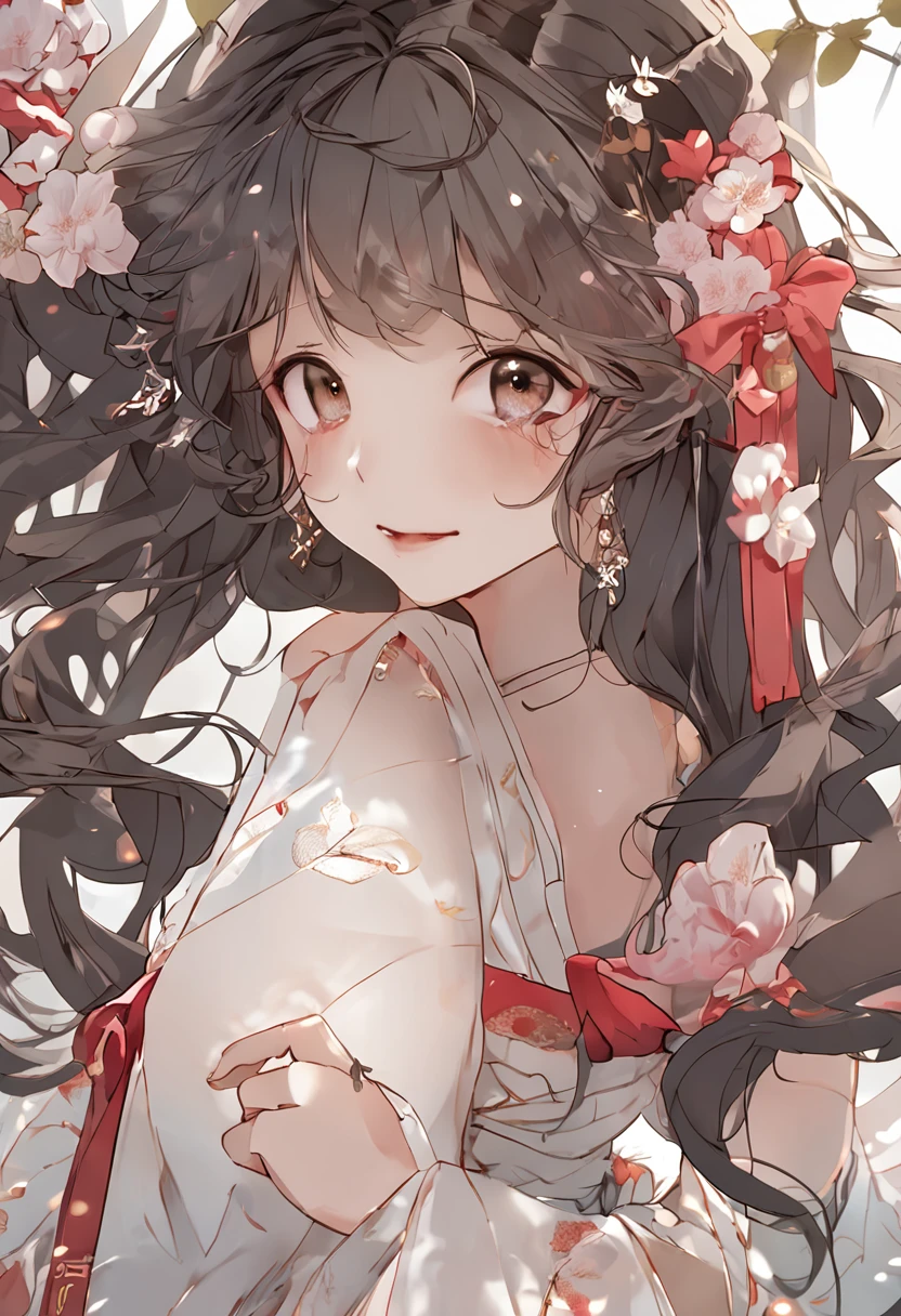 masterpiece, best quality, highres, <lora:Moxin_10:0.7> , 1girl, long hair, medium breasts, china dress, <lora:elegantHanfuRuqun_v10:0.8>, (elegent,) from side, looking back, upper body, partially immersed, flowers, east asian architecture, outdoors, flowers in the sky