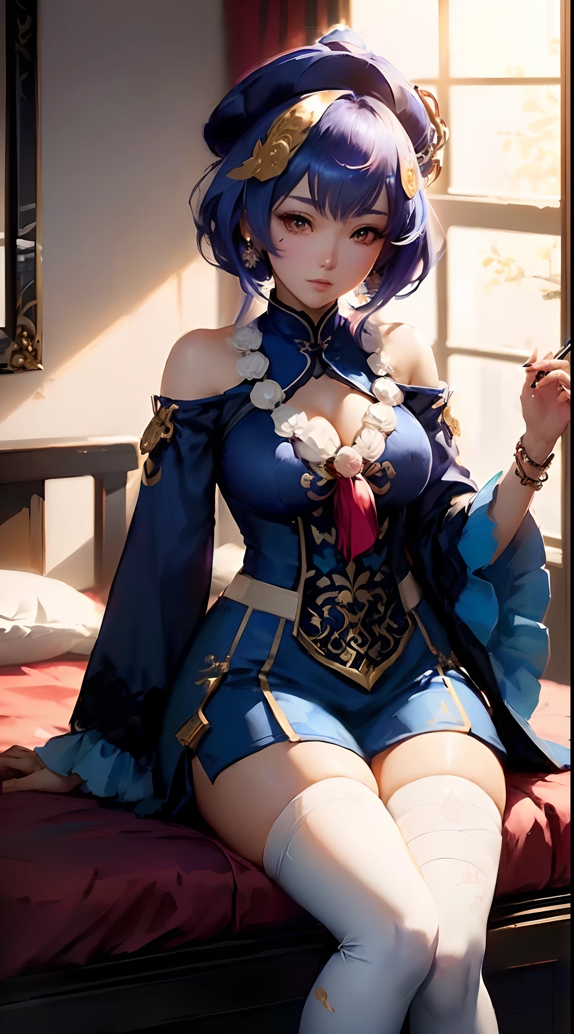araffed woman in a blue outfit sitting on a bed, anime character; full body art, trending on cgstation, artwork in the style of guweiz, extremely detailed artgerm, keqing from genshin impact, beautiful alluring anime woman, zhongli from genshin impact, ornate cosplay, guweiz, ig model | artgerm