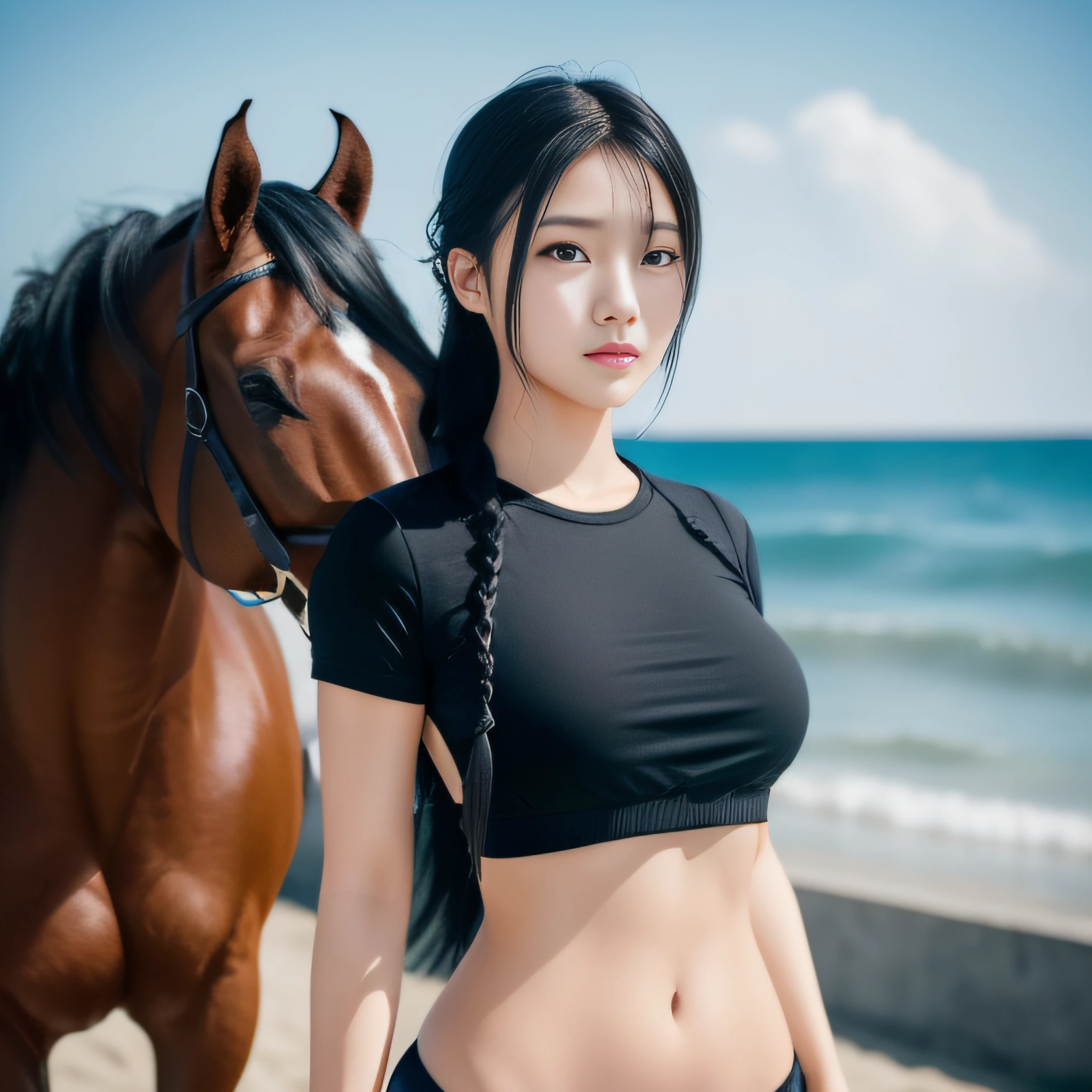 A girl,年轻,Black color hair,horse tailed,best qualtiy,best illuminate,Highest high resolution,16k,Meticulous details,full body shot shot,realisticlying,beachside,The bust is huge,full bodyesbian,Short top,Loose shirt