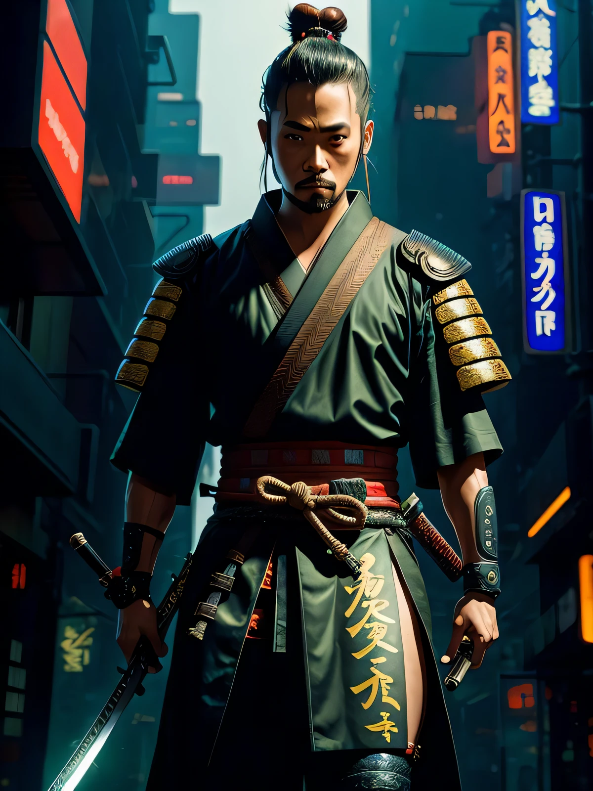 1 Samurai solo,cyberpunk background, 1 samurai sword,
 masterpiece,best quality,ultra detailed, hdr,